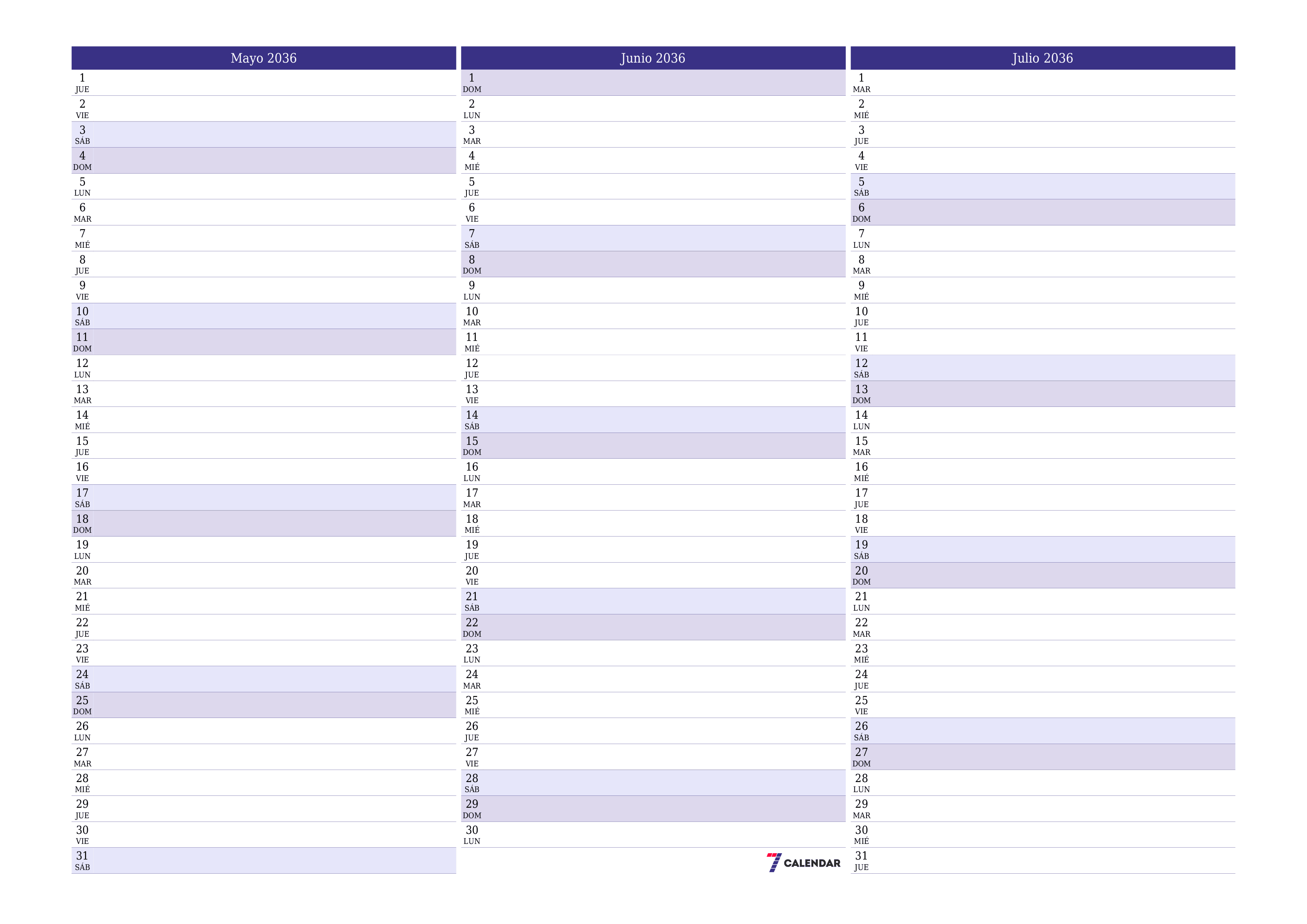 Planificador mensual vacío para el mes Mayo 2036 con notas, guardar e imprimir en PDF PNG Spanish
