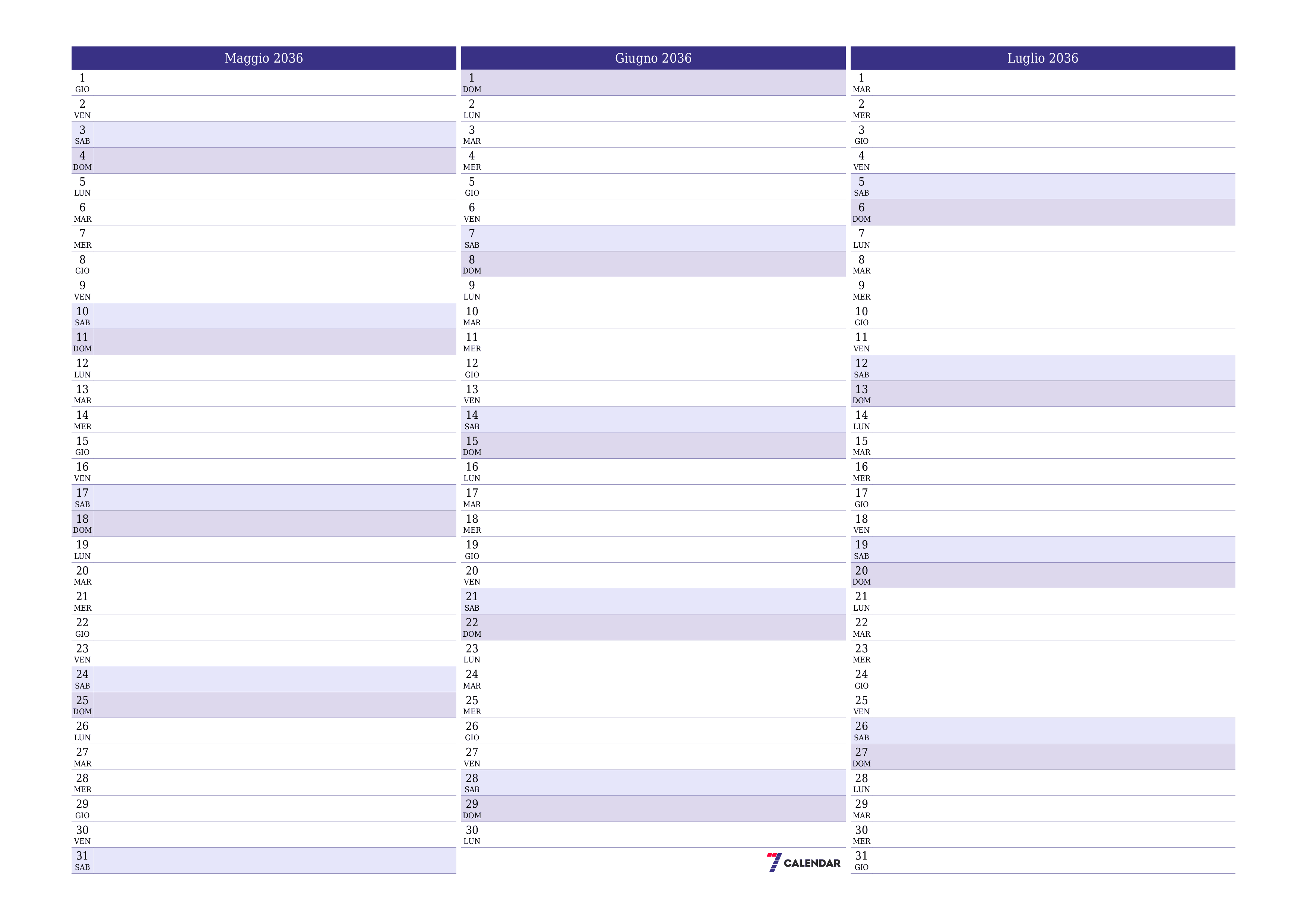 Pianificatore mensile vuoto per il mese Maggio 2036 con note, salva e stampa in PDF PNG Italian