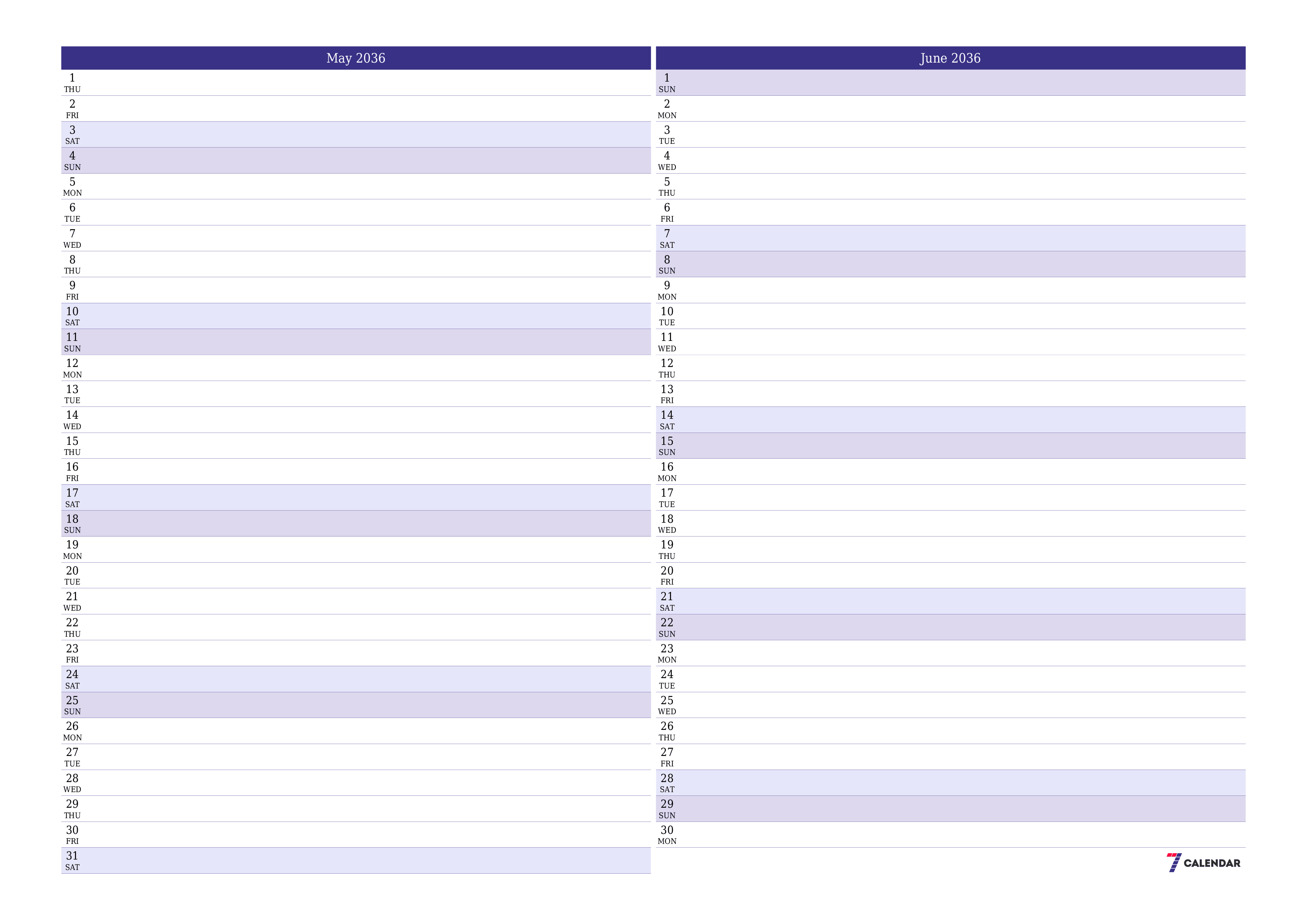 Blank calendar May 2036