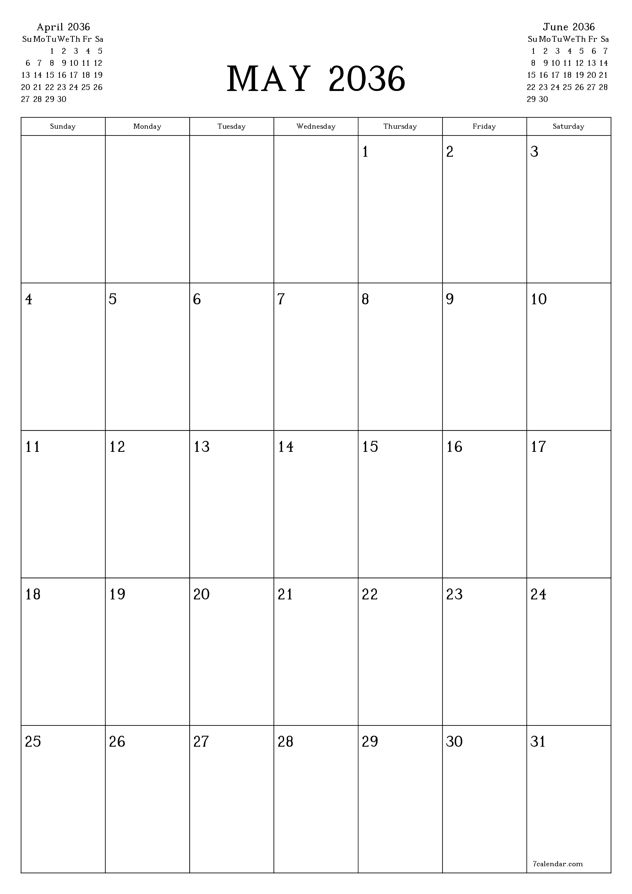 printable wall template free vertical Monthly planner calendar May (May) 2036