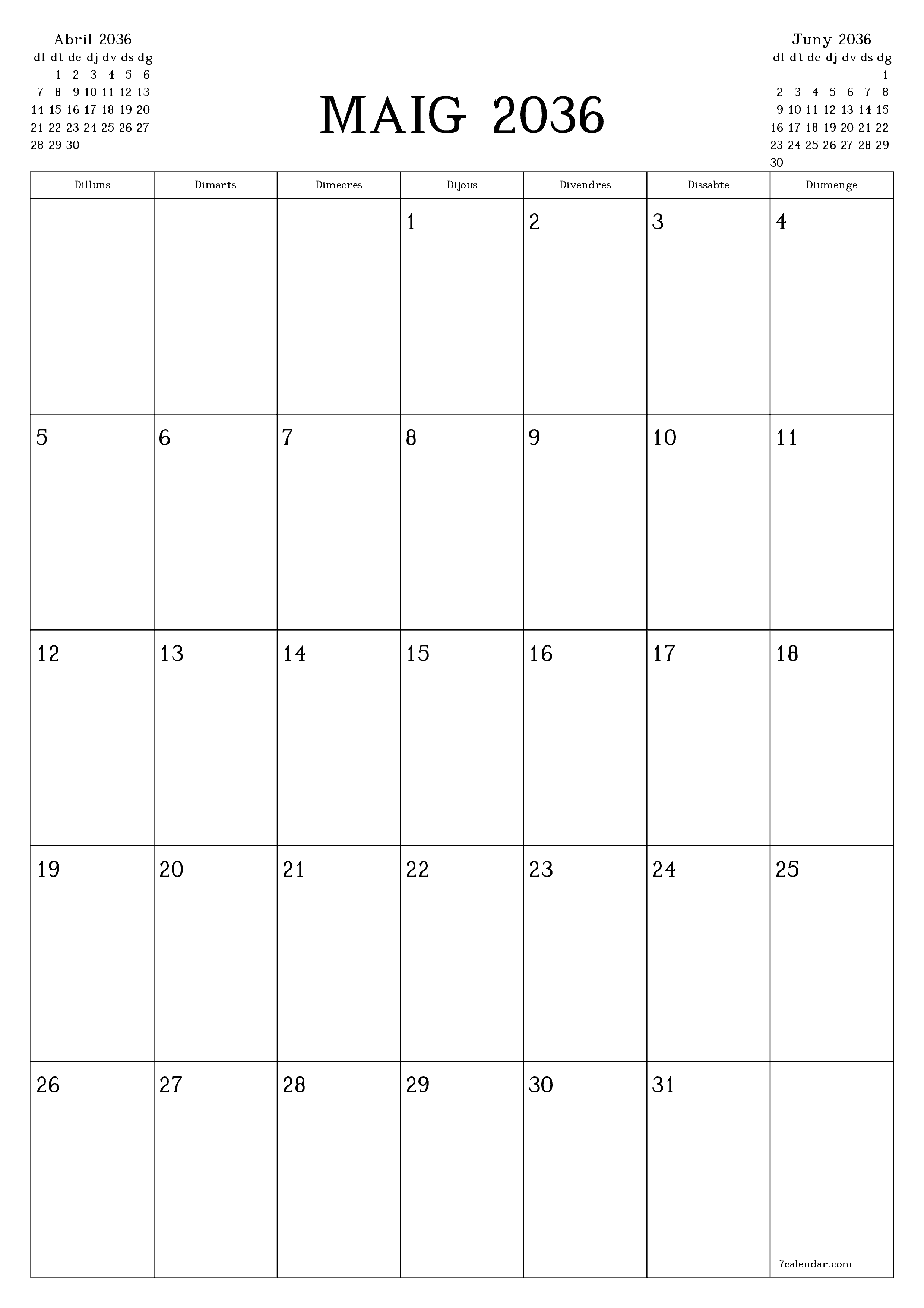  imprimible de paret plantilla de gratuïtvertical Mensual planificador calendari Maig (Mai) 2036