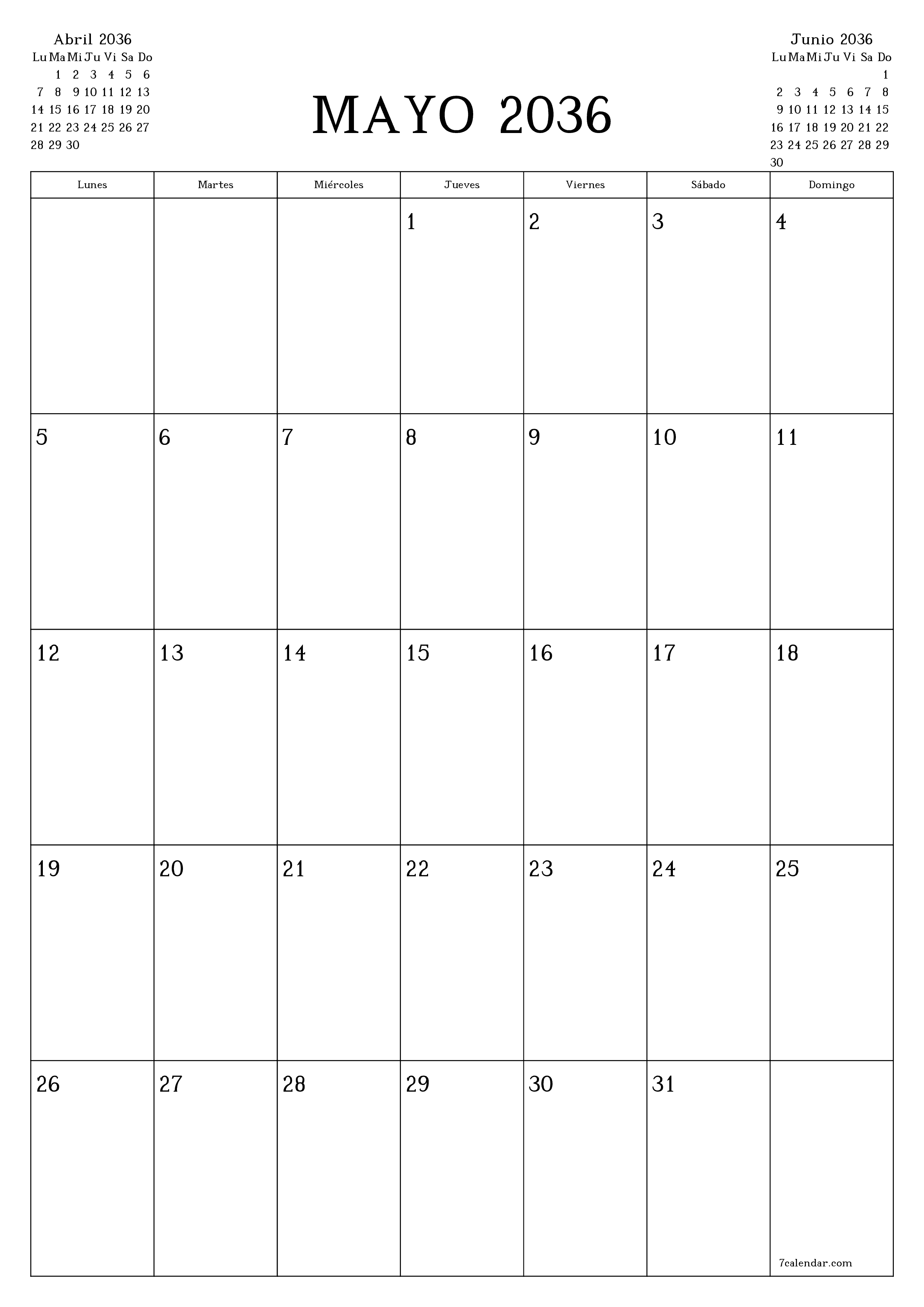  imprimible de pared plantilla de gratisvertical Mensual planificador calendario Mayo (May) 2036