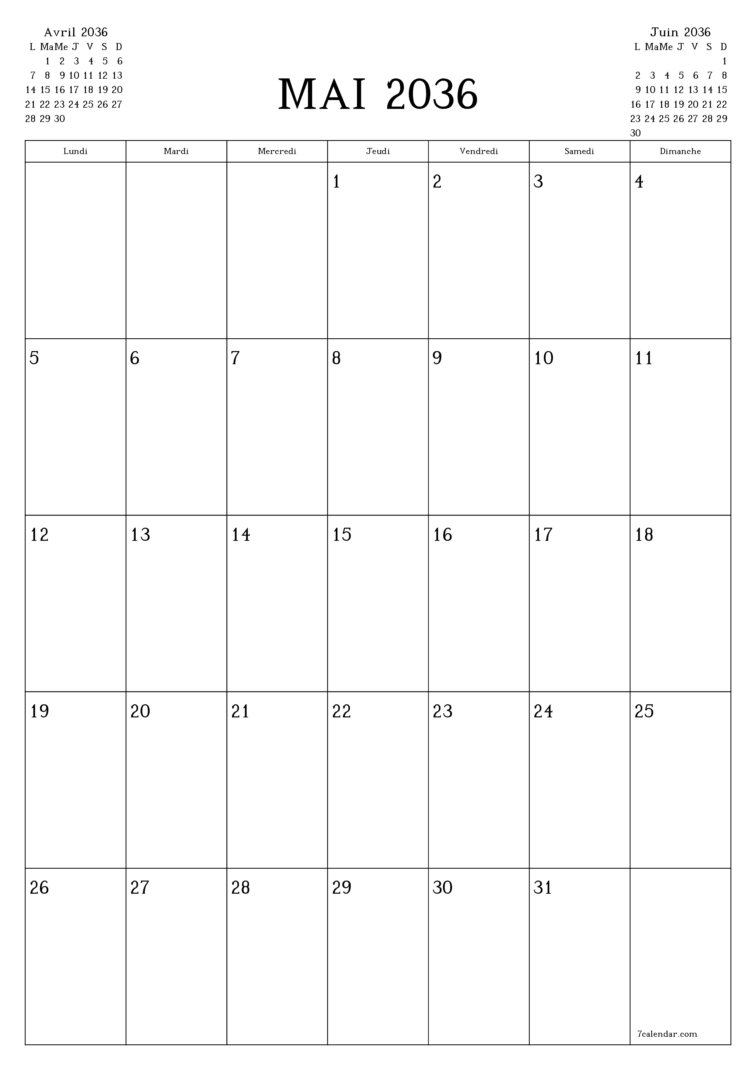  imprimable mural modèle de gratuitverticale Mensuel planificateur calendrier Mai (Mai) 2036