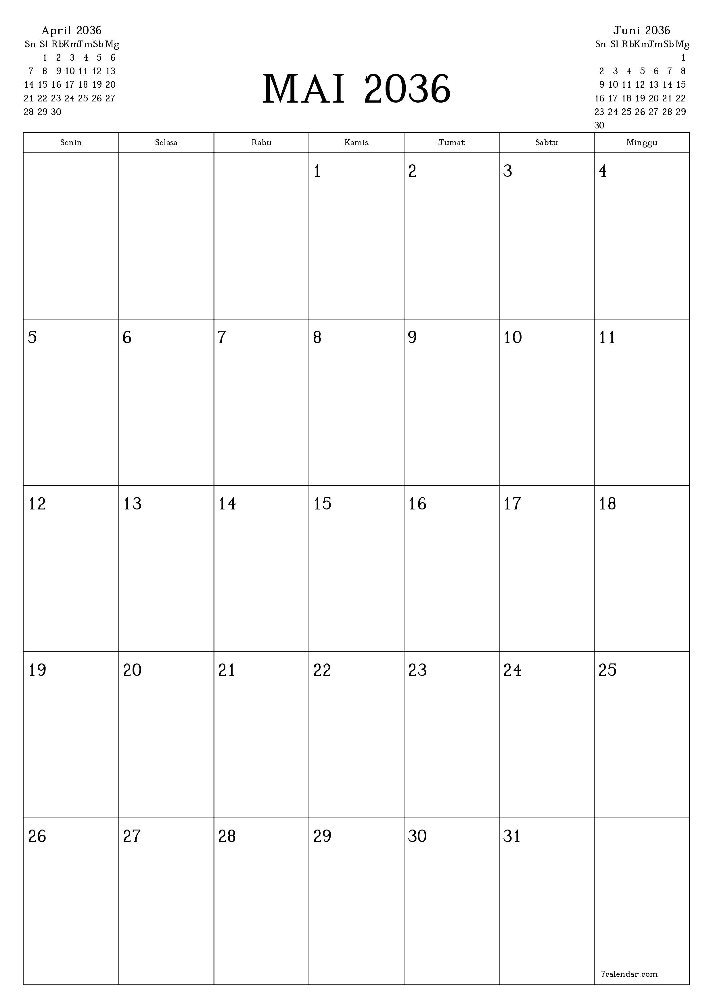  yang dapat dicetak dinding templat gratisvertikal Bulanan perencana kalender Mai (Mai) 2036