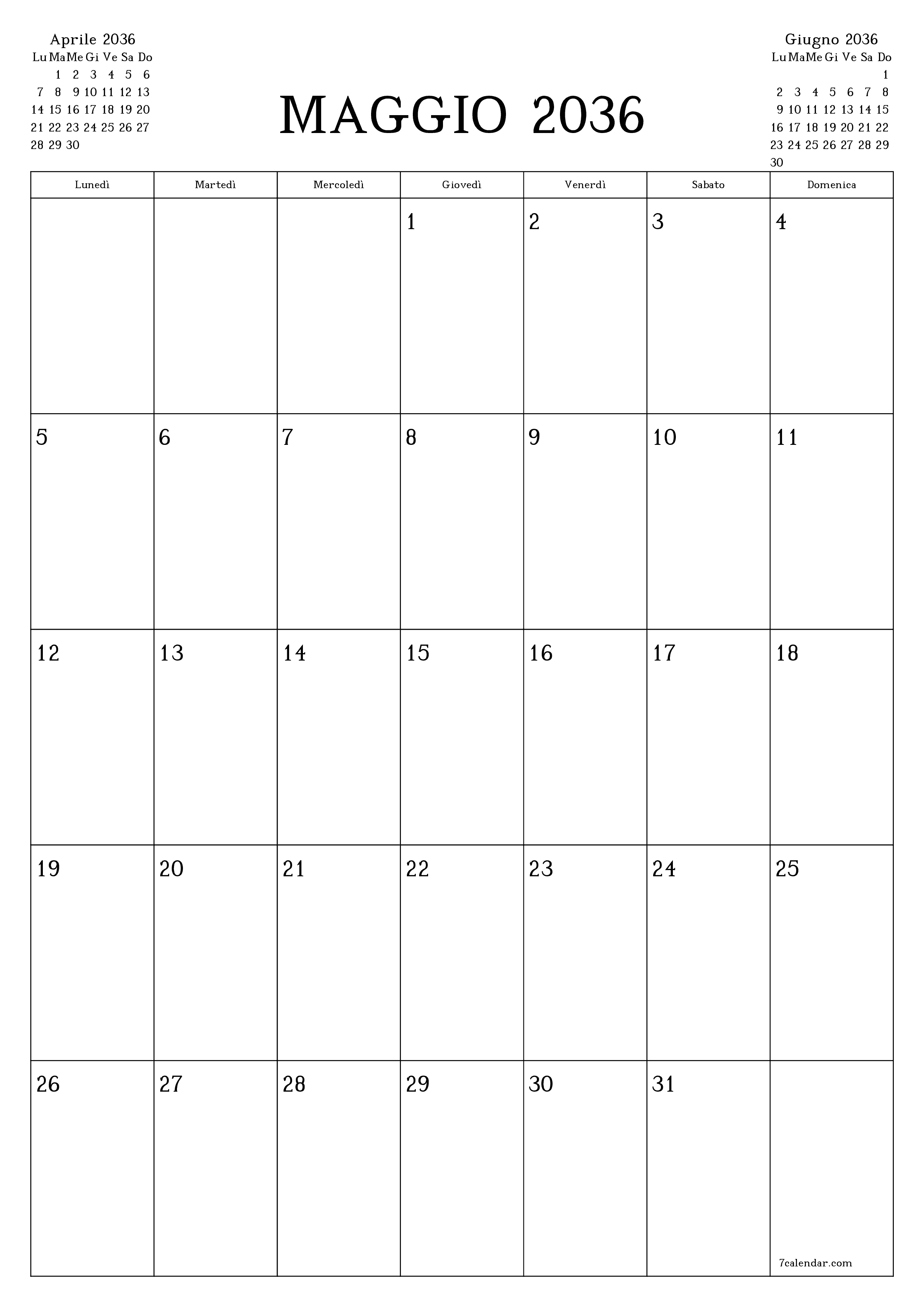  stampabile da parete modello di gratuitoverticale Mensile pianificatore calendario Maggio (Mag) 2036