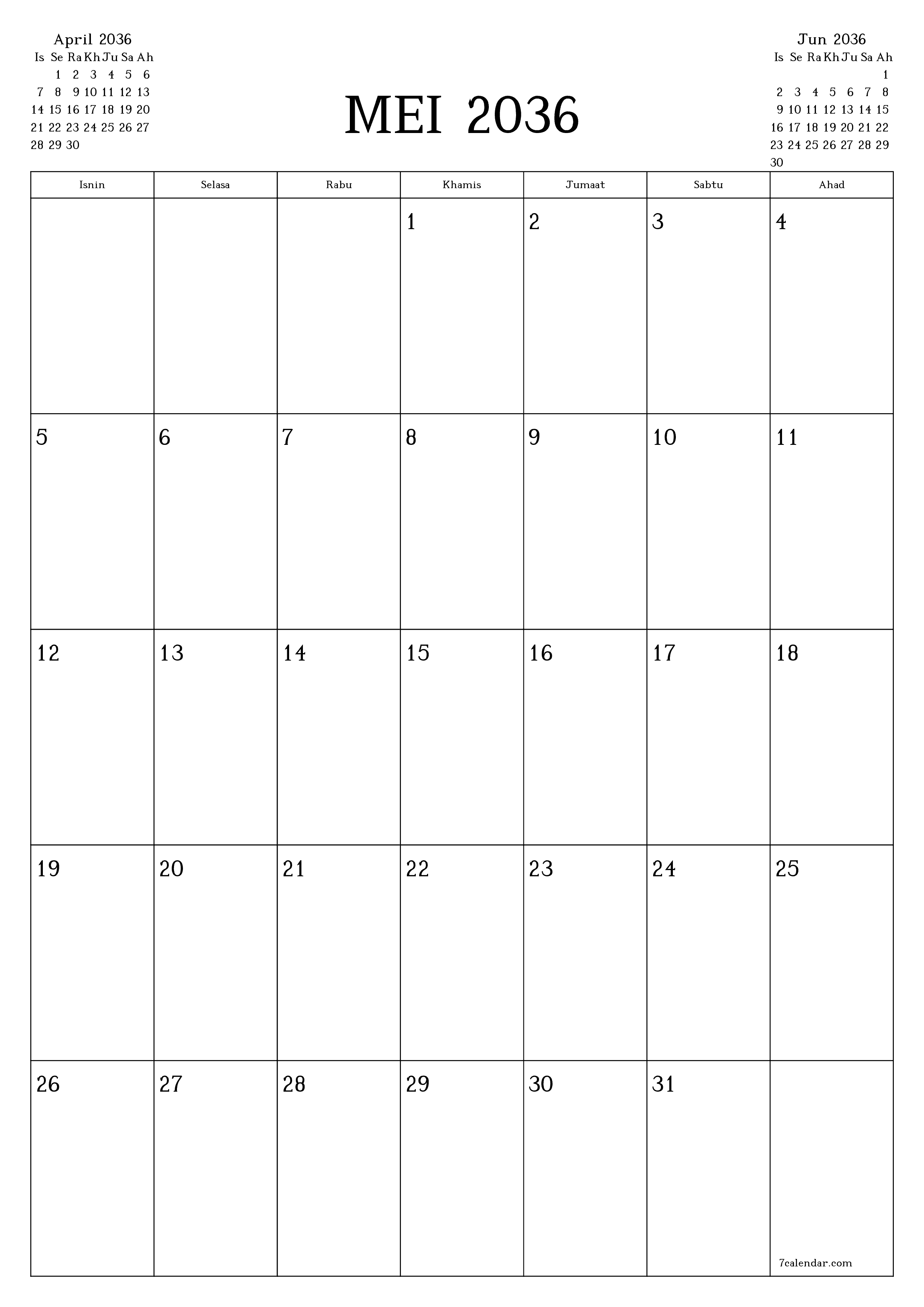  boleh cetak dinding templat percumamenegak Bulanan perancang kalendar Mei (Mei) 2036