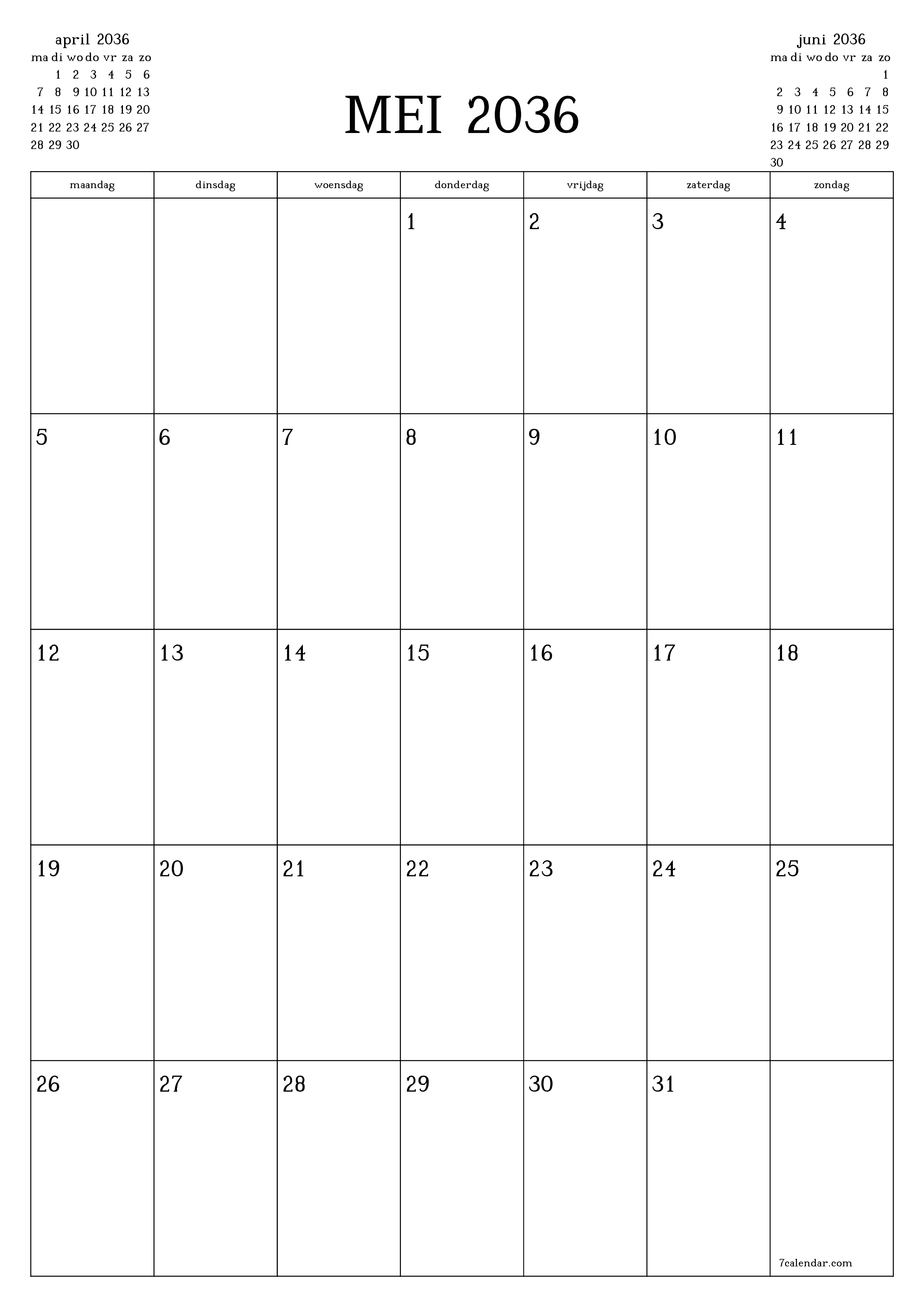 afdrukbare muur sjabloon gratis verticaal Maandelijks planner kalender mei (mei) 2036