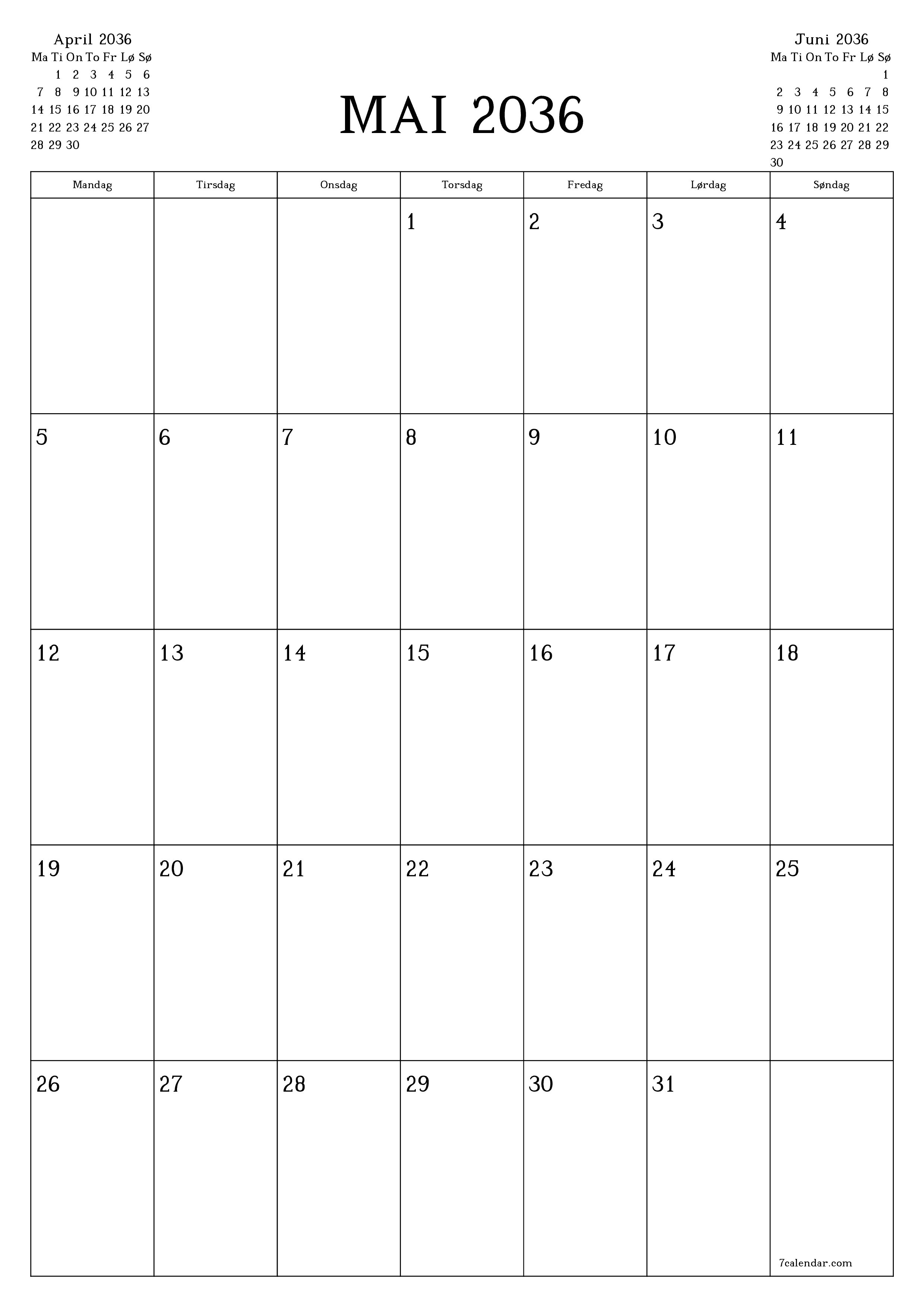 utskrivbar vegg mal gratis vertikal Månedlig planlegger kalender Mai (Mai) 2036