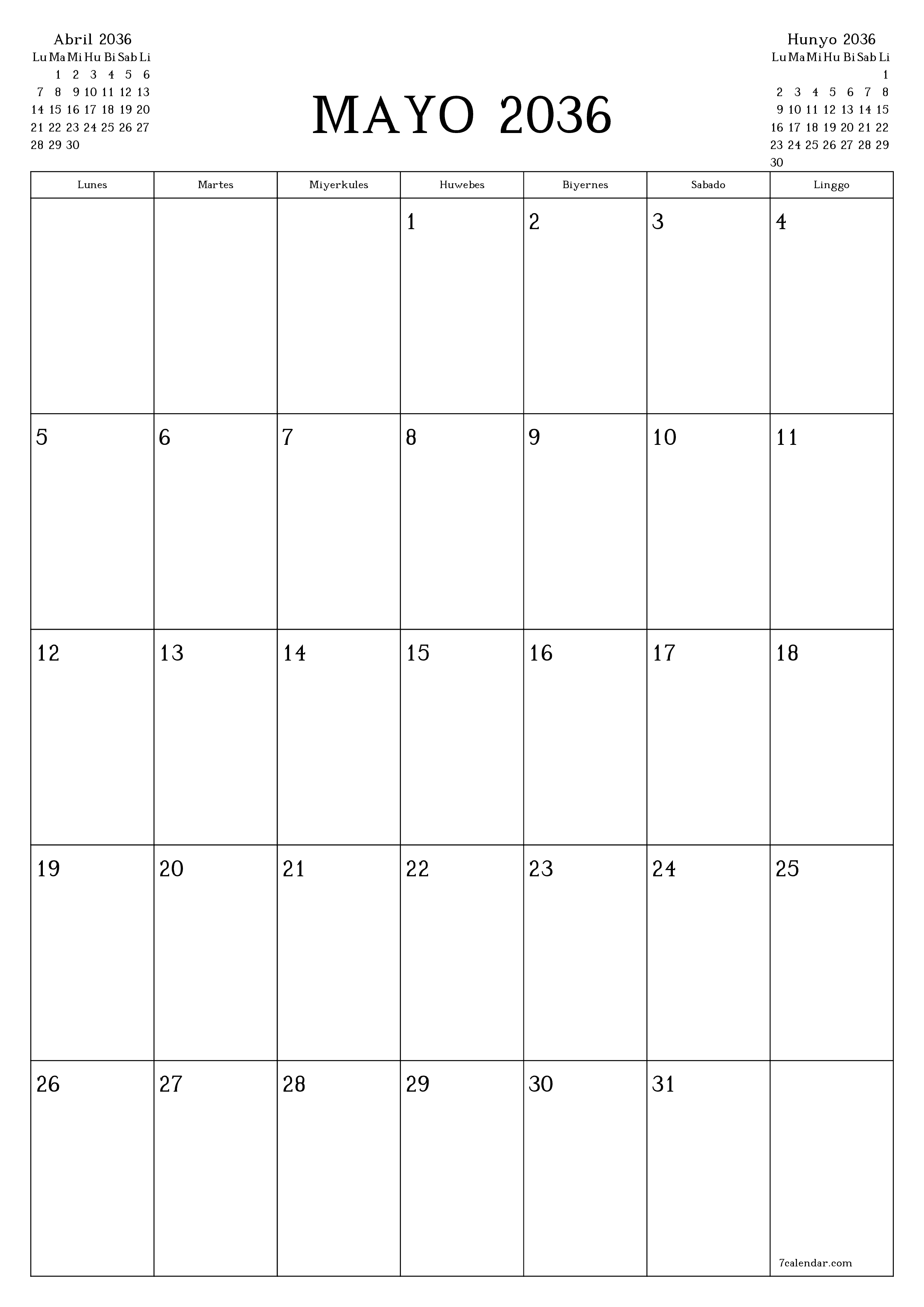 napi-print na sa dingding template ng libreng patayo Buwanang tagaplano kalendaryo Mayo (May) 2036