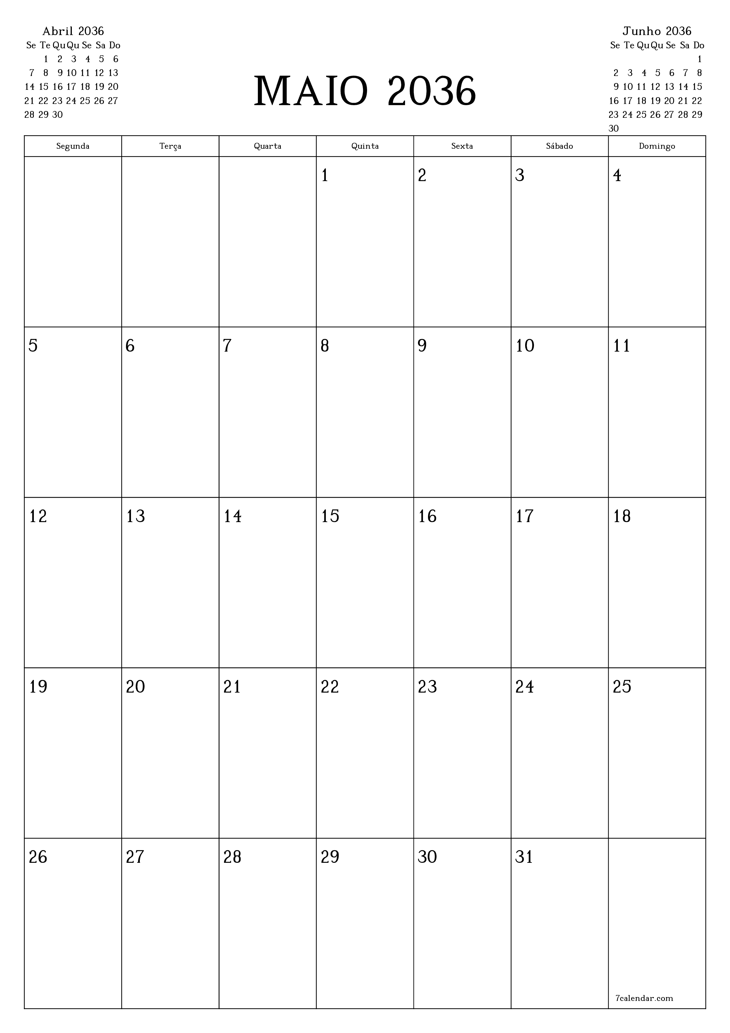  para impressão de parede modelo de grátisvertical Mensal planejador calendário Maio (Mai) 2036