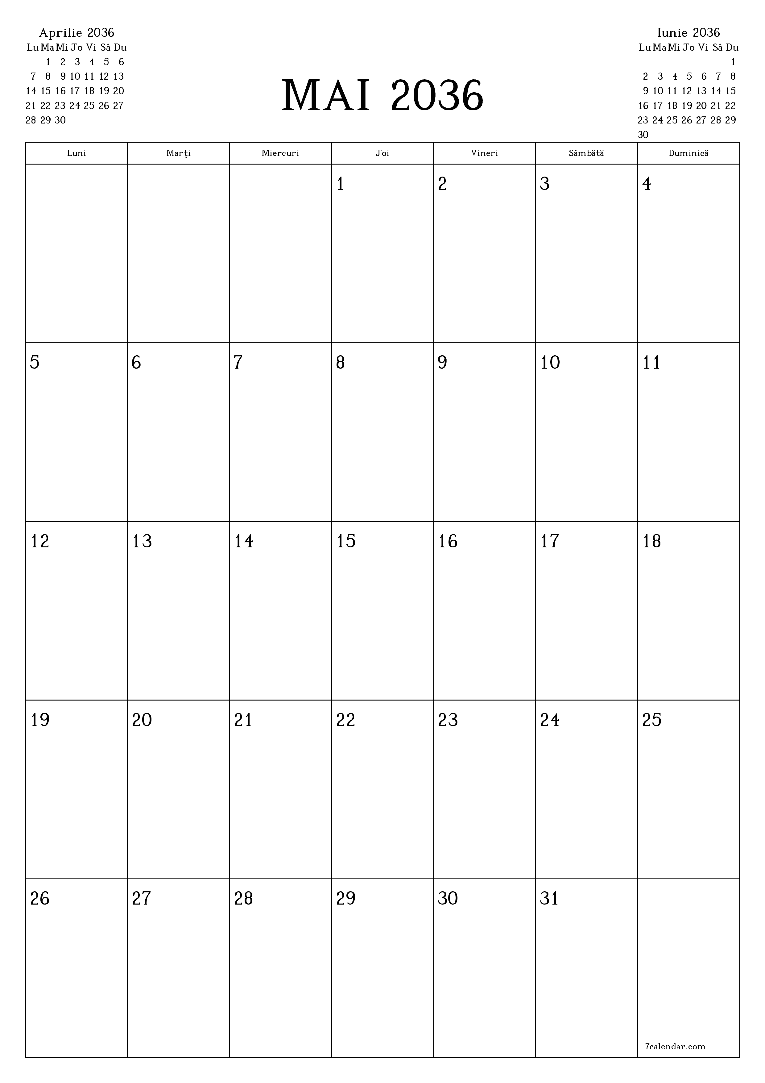 imprimabil de perete șablon de gratuitvertical Lunar planificator calendar Mai (Mai) 2036