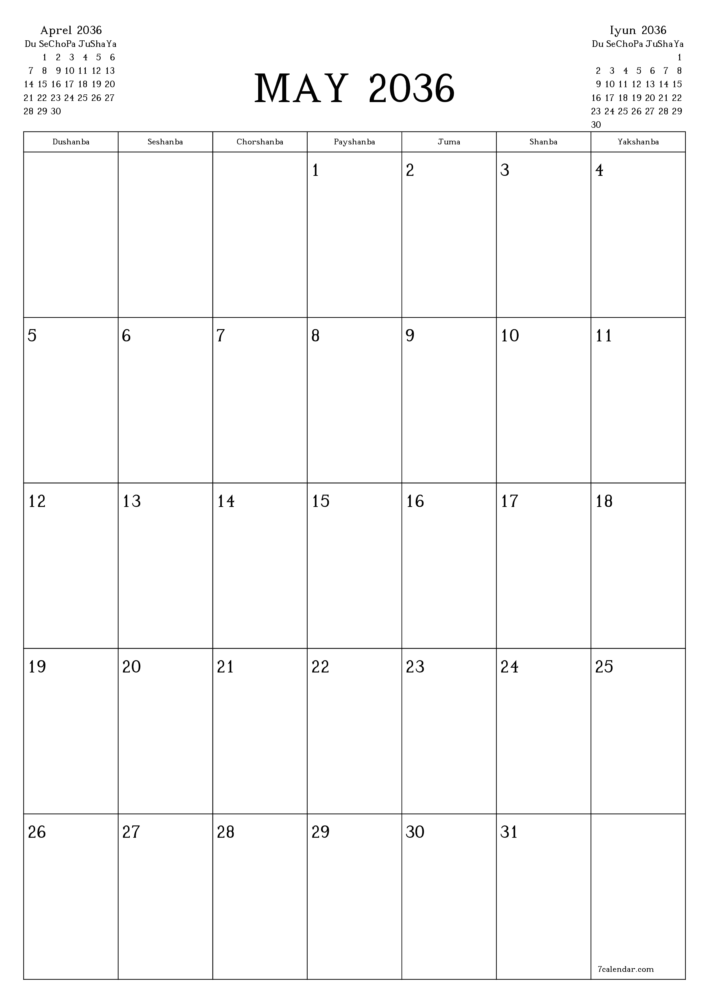 chop etiladigan devor taqvimi shabloni bepul vertikal Oylik rejalashtiruvchi kalendar May (May) 2036