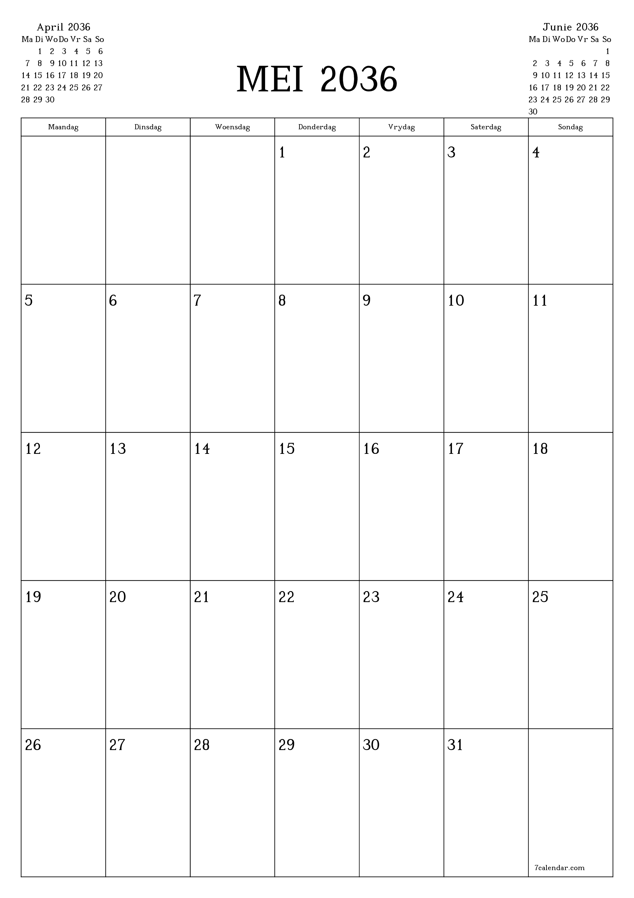 drukbare muur template gratis vertikaal Maandeliks beplanner kalender Mei (Mei) 2036