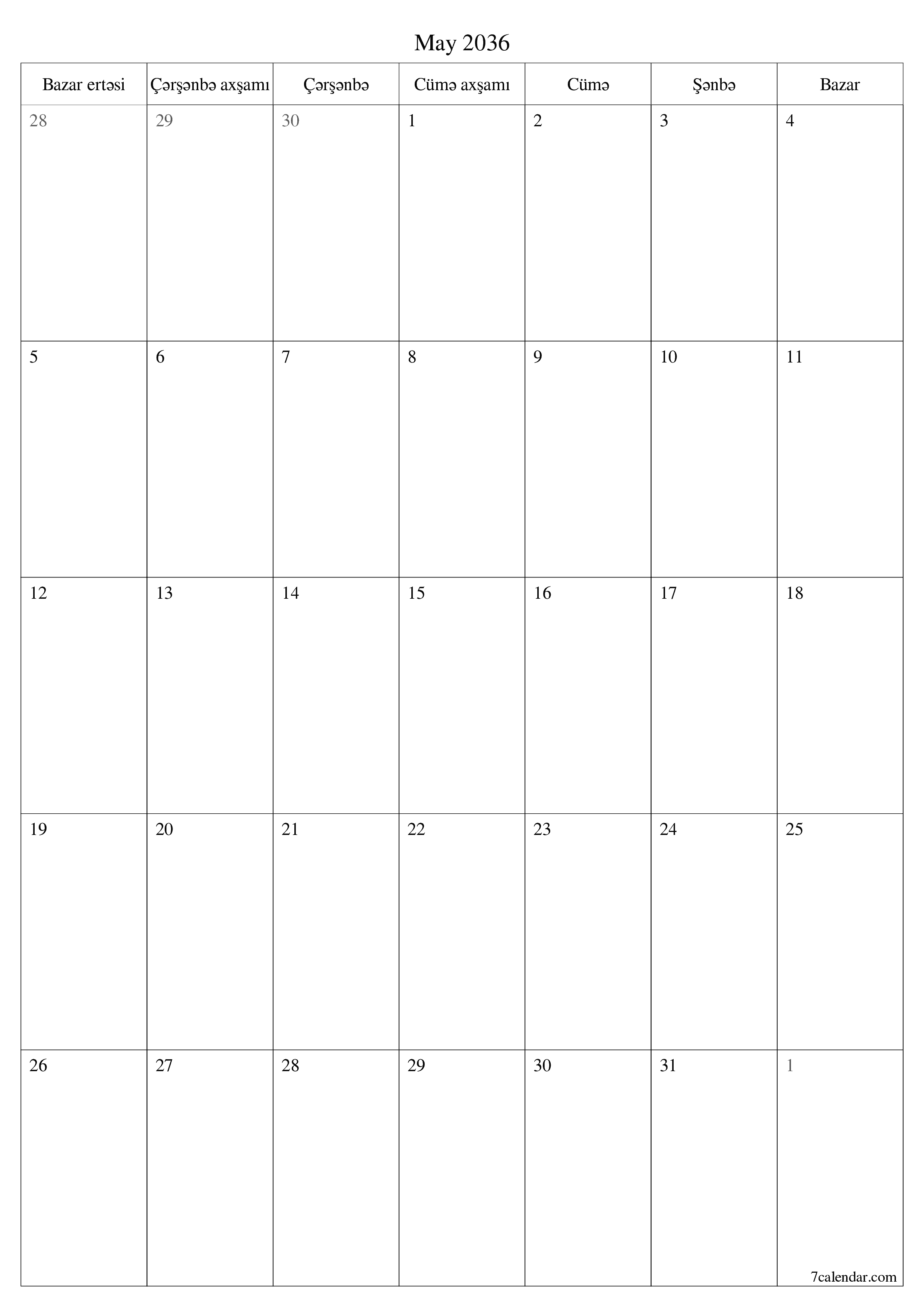 çap edilə bilən divar i şablonu pulsuz şaquli Aylıq planlaşdırıcı təqvim May (May) 2036