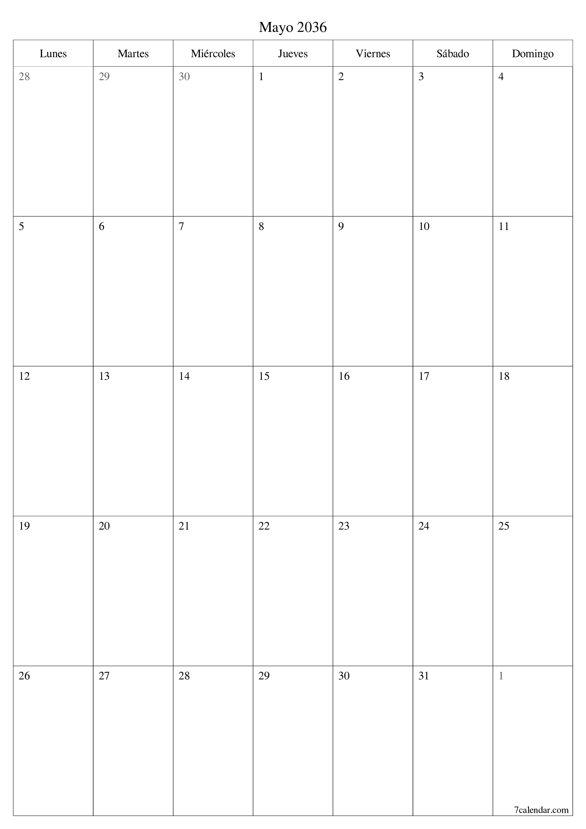  imprimible de pared plantilla de gratisvertical Mensual planificador calendario Mayo (May) 2036