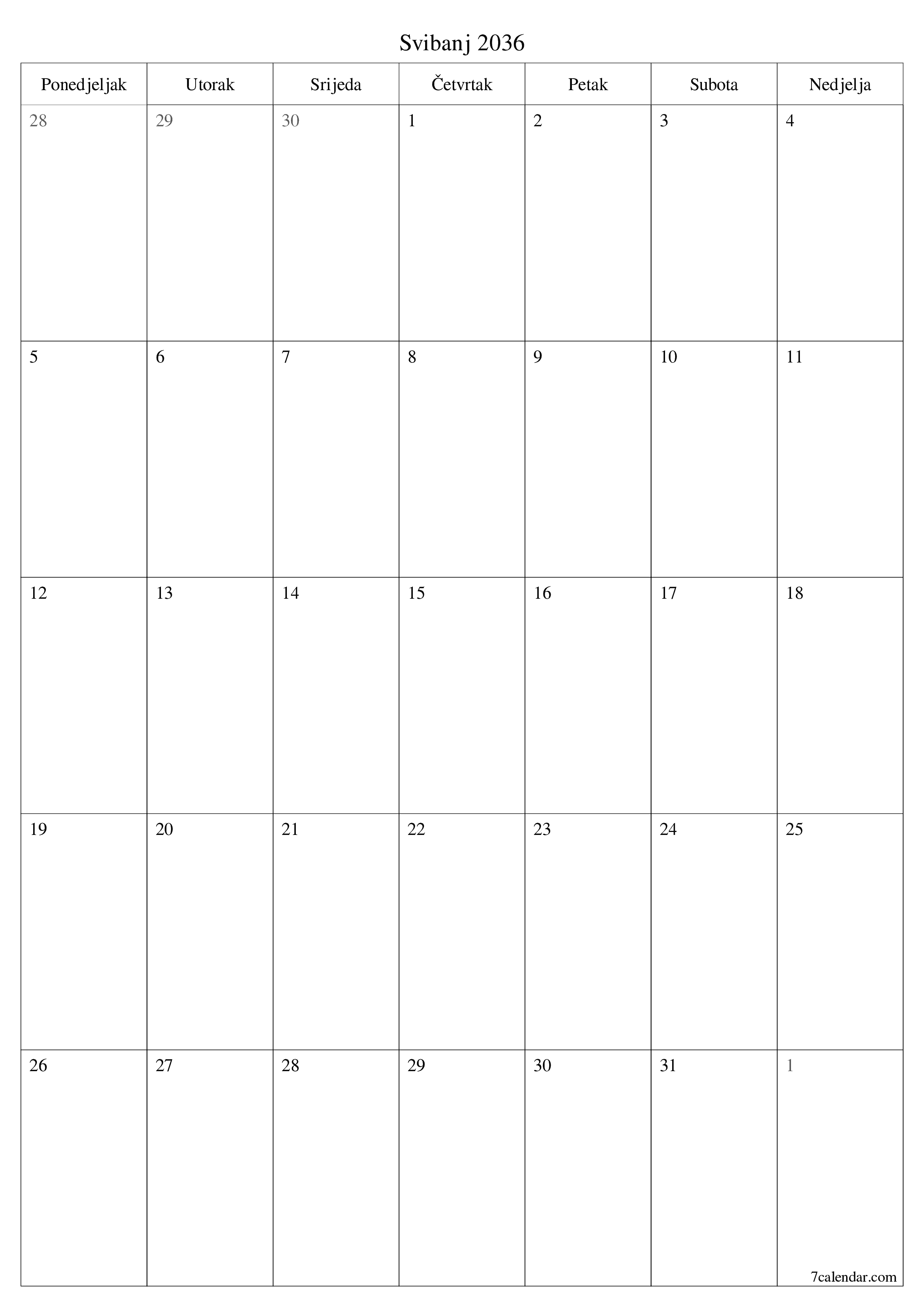  za ispis zidni predložak a besplatni okomito Mjesečni planer kalendar Svibanj (Svi) 2036
