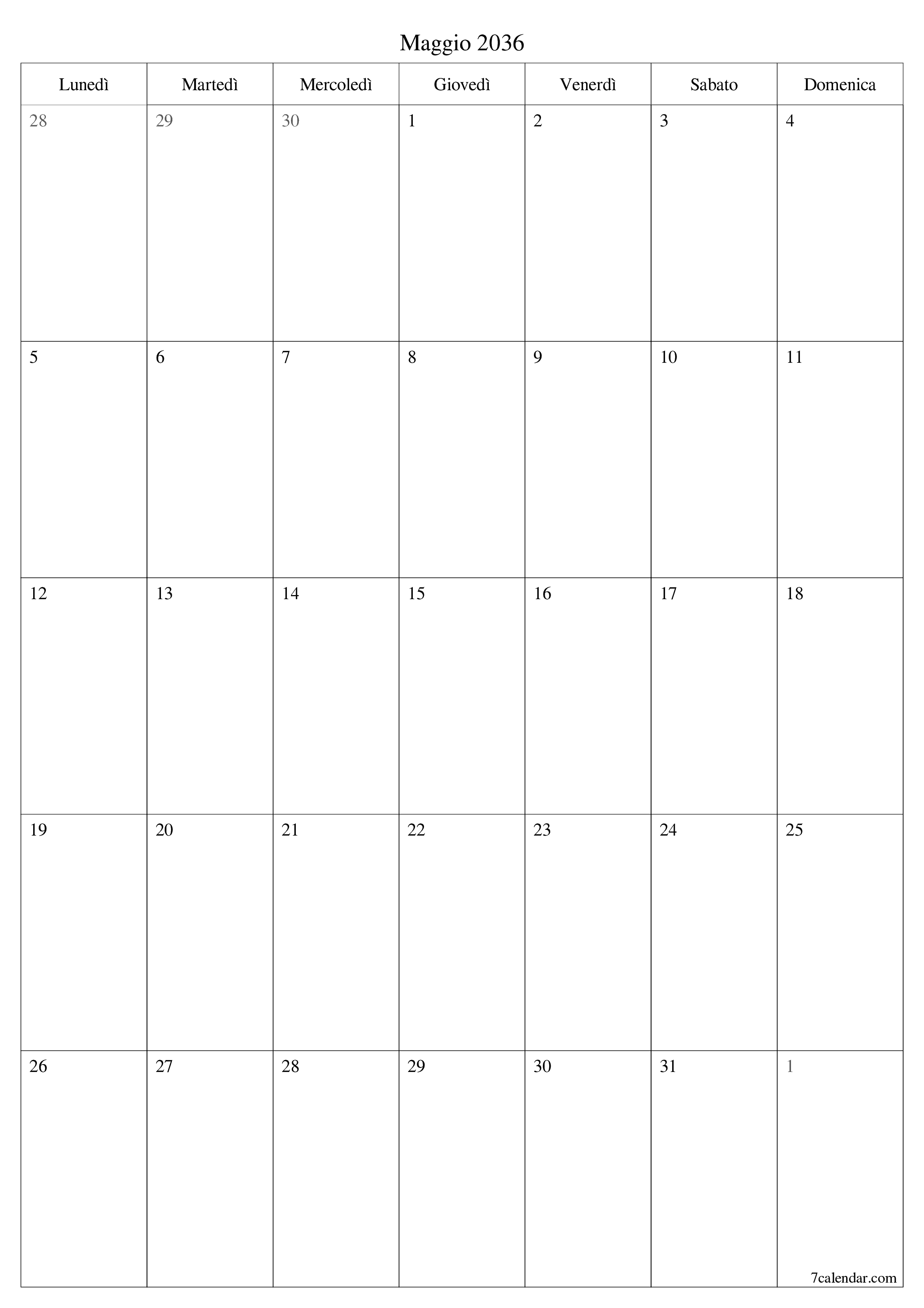 Pianificatore mensile vuoto per il mese Maggio 2036 con note, salva e stampa in PDF PNG Italian