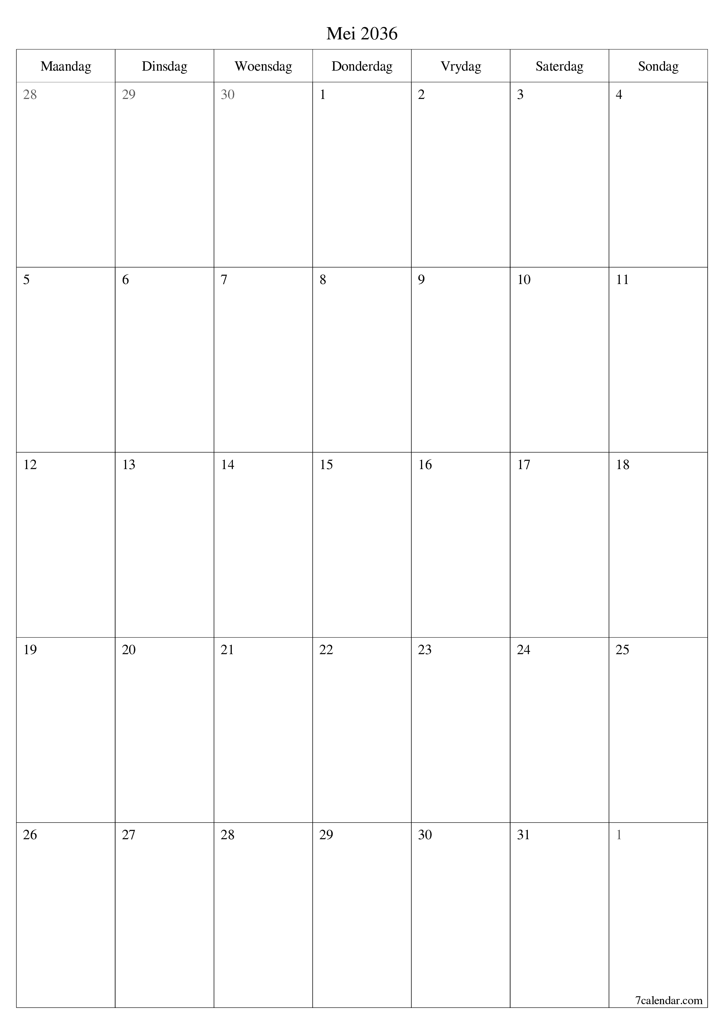 drukbare muur template gratis vertikaal Maandeliks beplanner kalender Mei (Mei) 2036