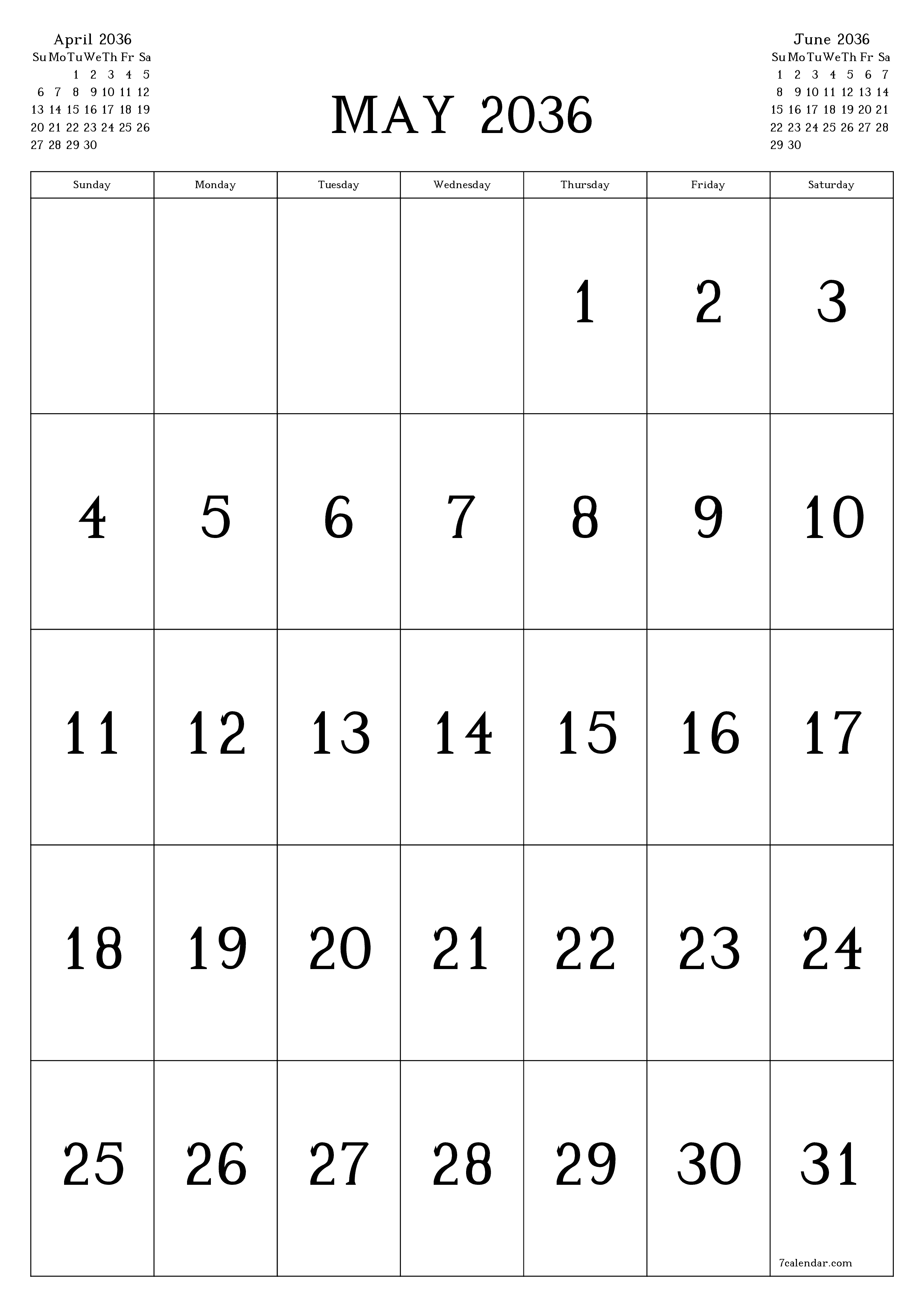 printable wall template free vertical Monthly calendar May (May) 2036