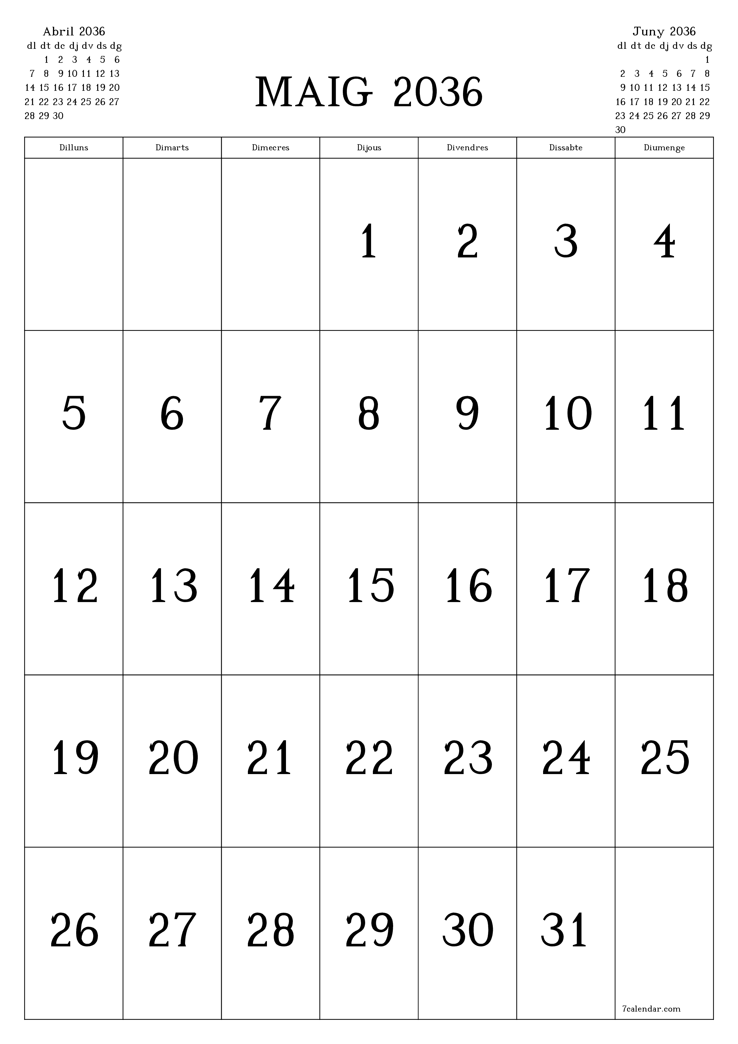  imprimible de paret plantilla de gratuïtvertical Mensual calendari Maig (Mai) 2036
