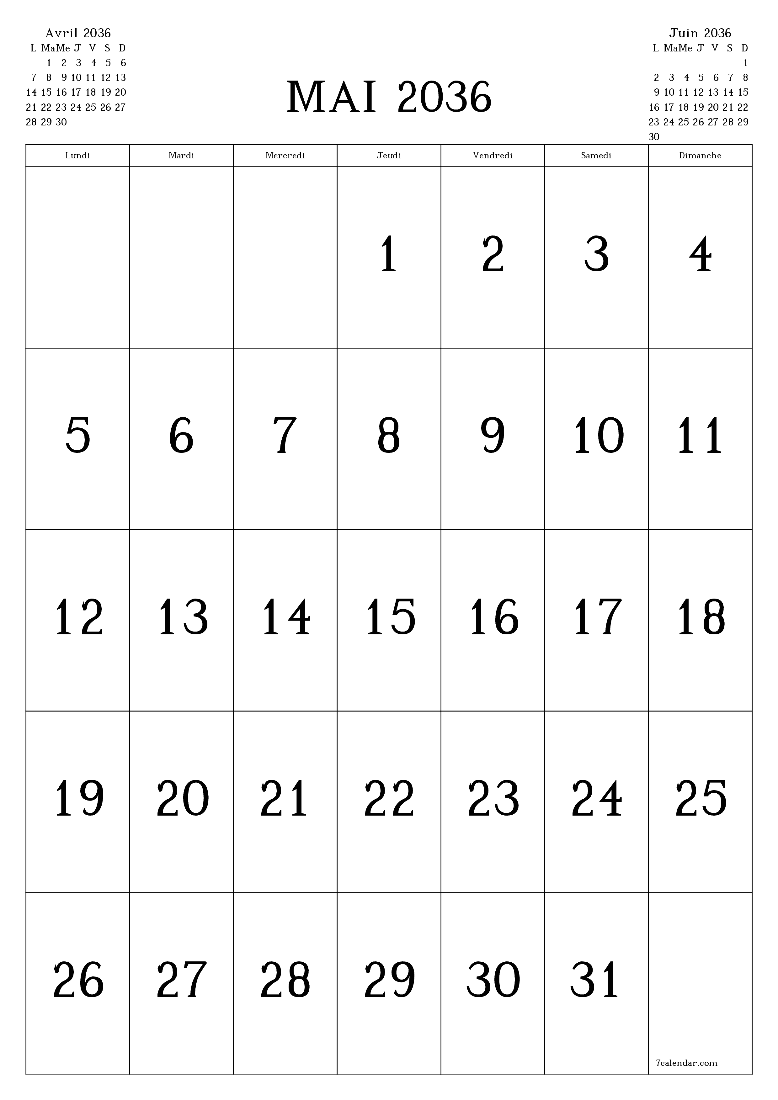  imprimable mural modèle de gratuitverticale Mensuel calendrier Mai (Mai) 2036
