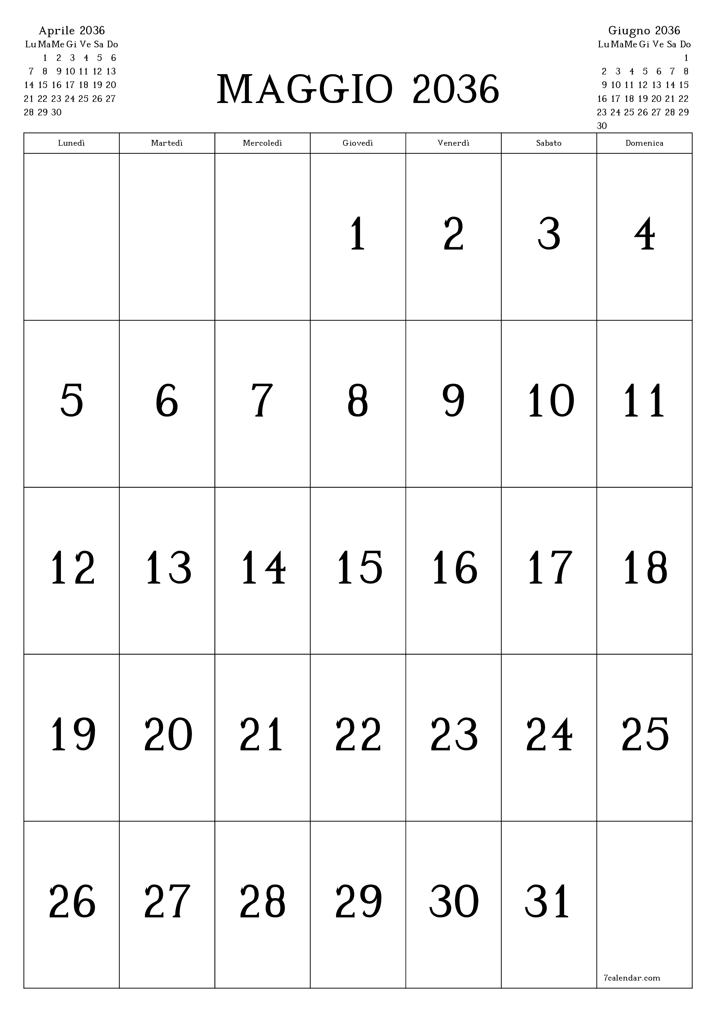  stampabile da parete modello di gratuitoverticale Mensile calendario Maggio (Mag) 2036