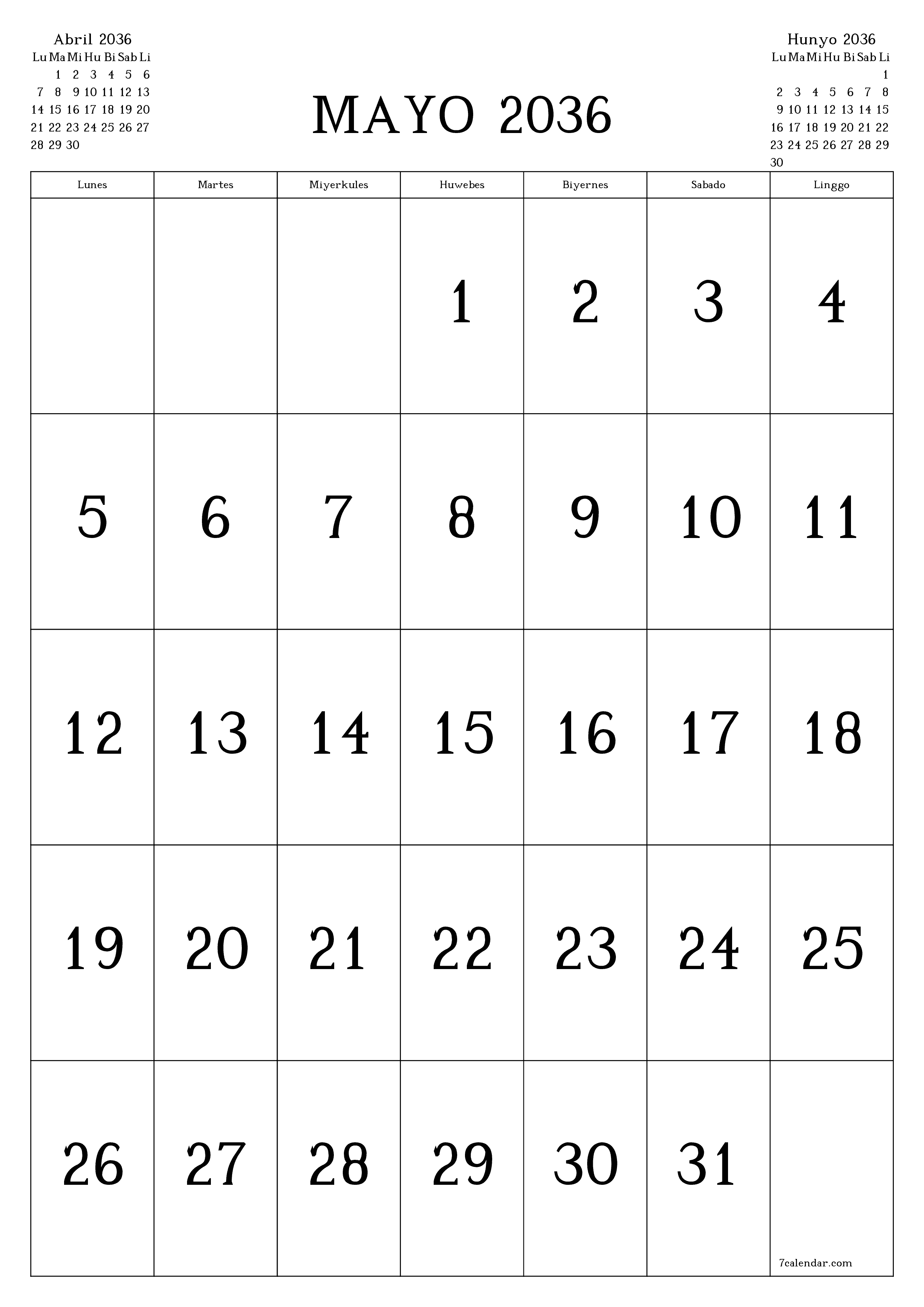 napi-print na sa dingding template ng libreng patayo Buwanang kalendaryo Mayo (May) 2036