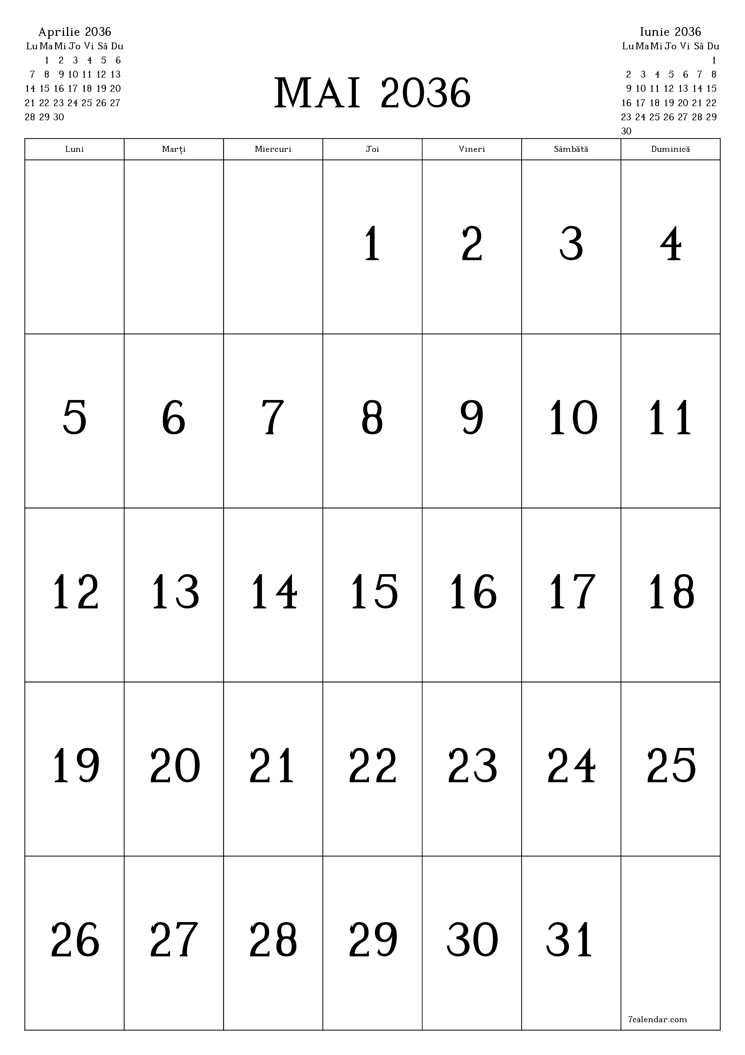  imprimabil de perete șablon de gratuitvertical Lunar calendar Mai (Mai) 2036