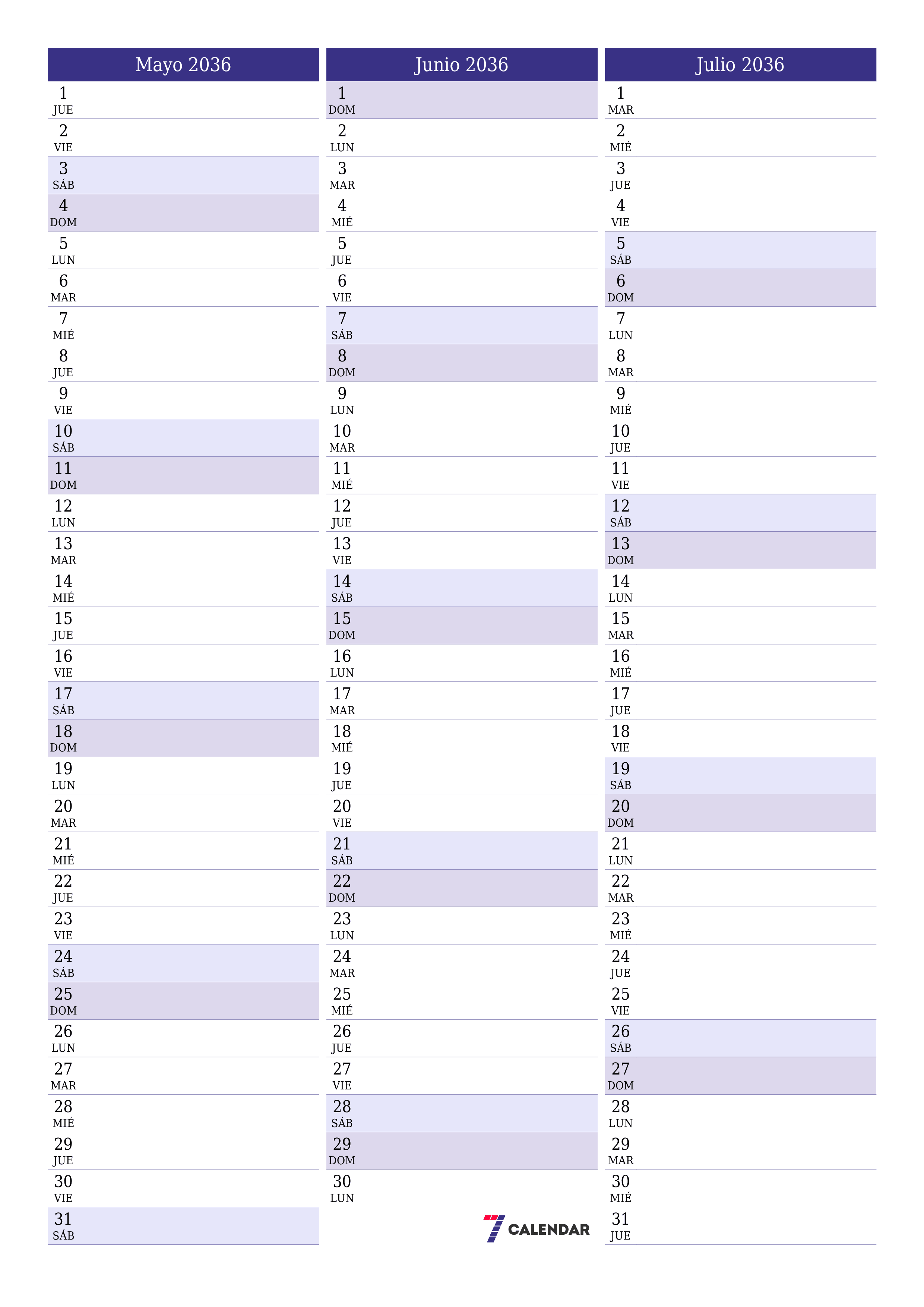  imprimible de pared plantilla de gratisvertical Mensual planificador calendario Mayo (May) 2036