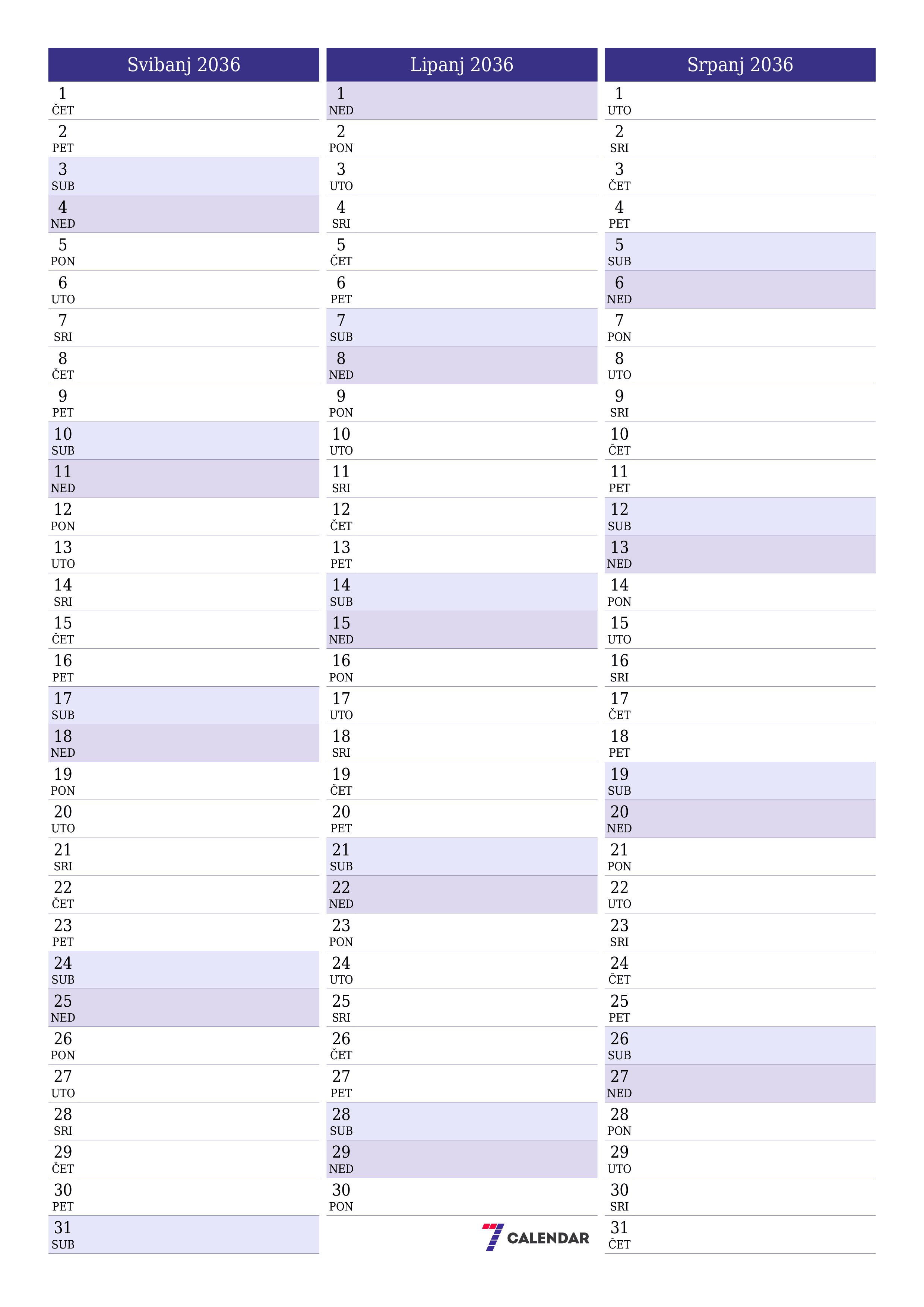  za ispis zidni predložak a besplatni okomito Mjesečni planer kalendar Svibanj (Svi) 2036