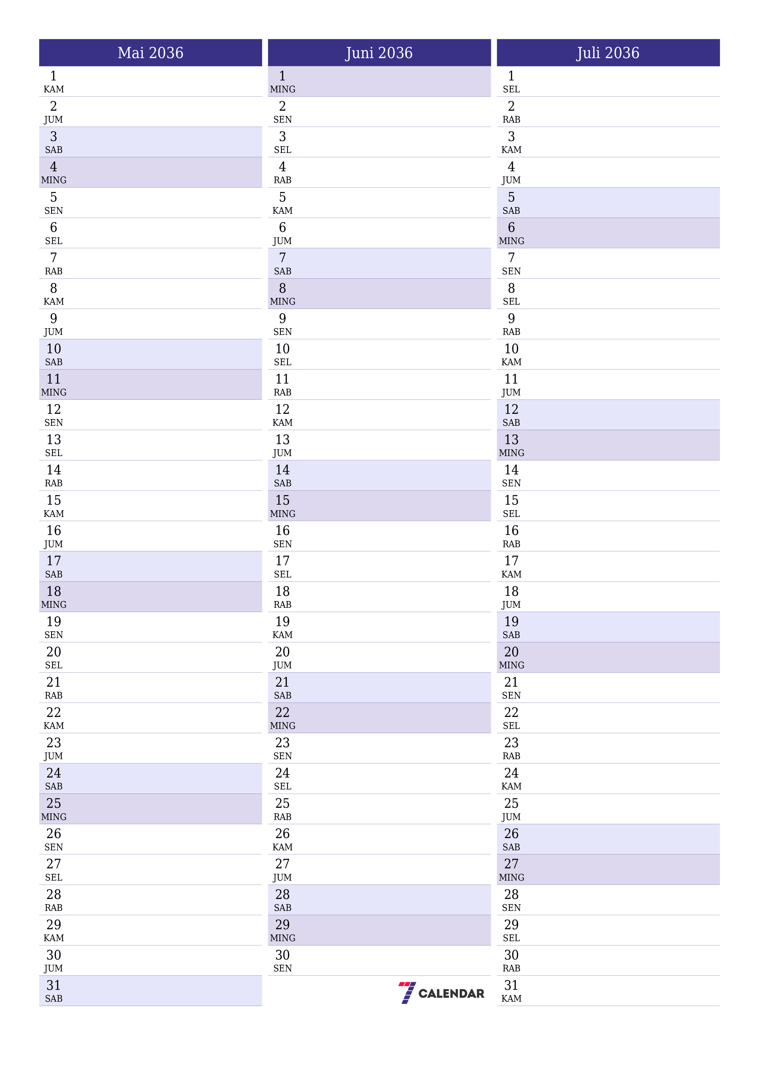  yang dapat dicetak dinding templat gratisvertikal Bulanan perencana kalender Mai (Mai) 2036