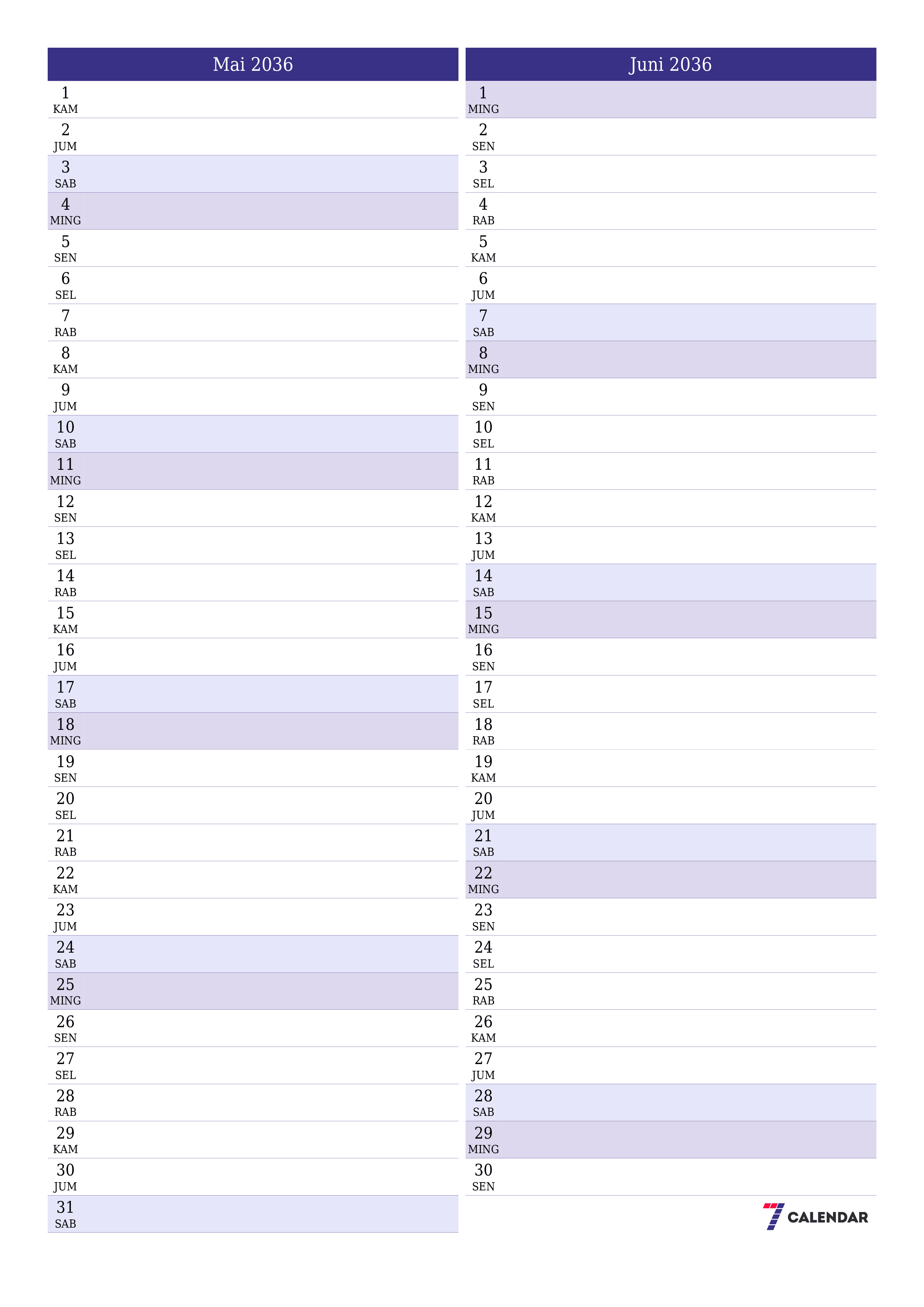  yang dapat dicetak dinding templat gratisvertikal Bulanan perencana kalender Mai (Mai) 2036