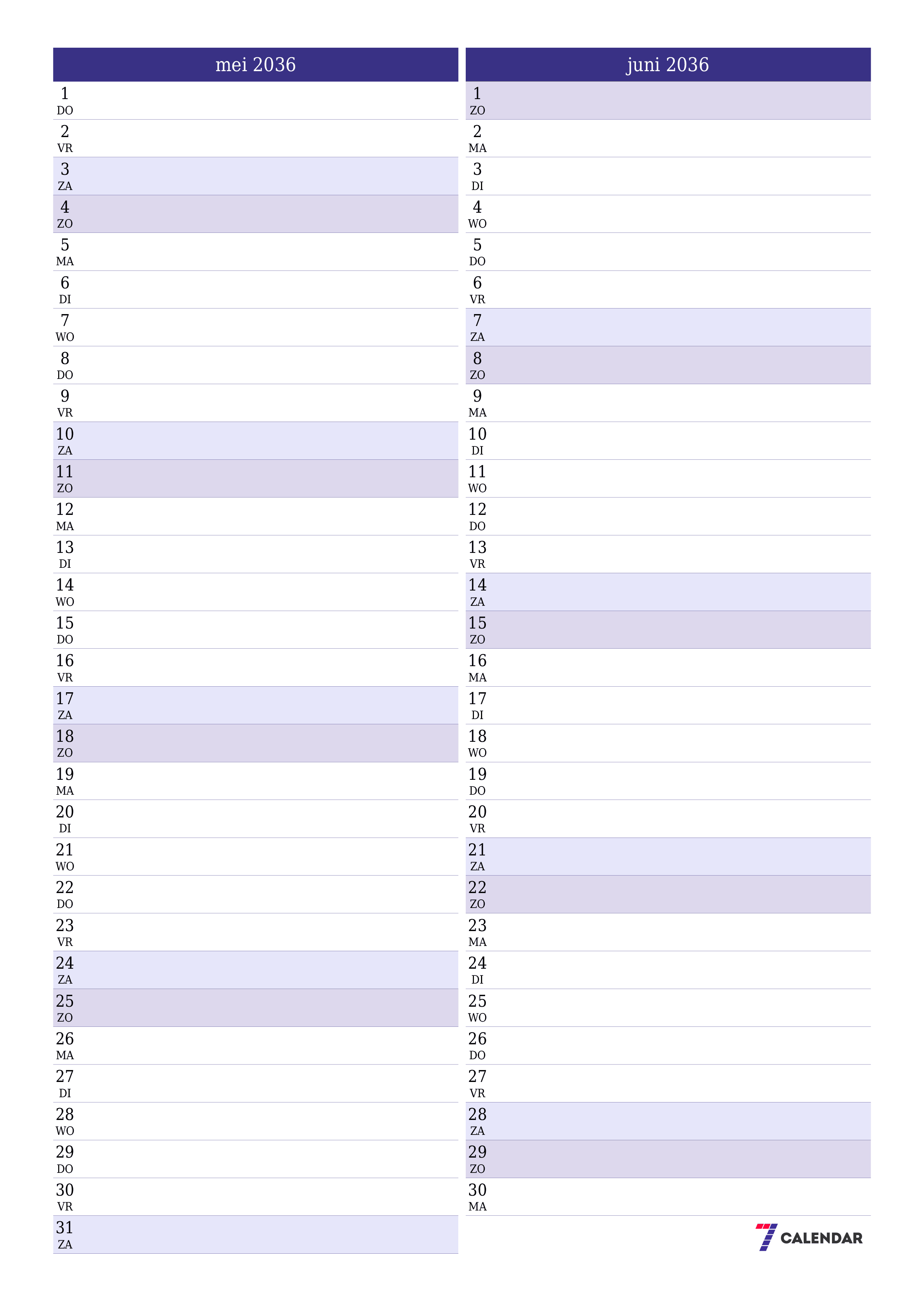 afdrukbare muur sjabloon gratis verticaal Maandelijks planner kalender mei (mei) 2036