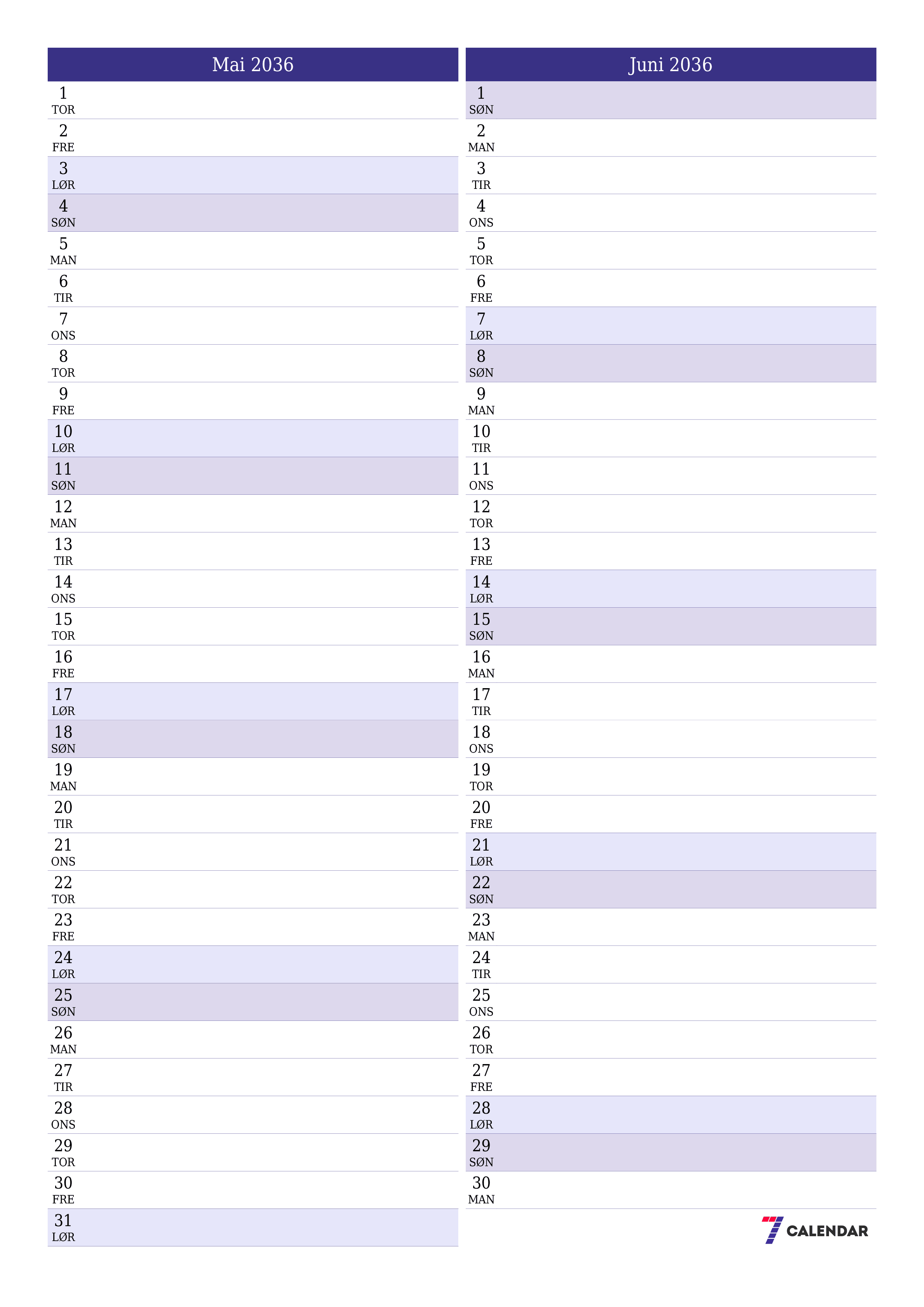 utskrivbar vegg mal gratis vertikal Månedlig planlegger kalender Mai (Mai) 2036