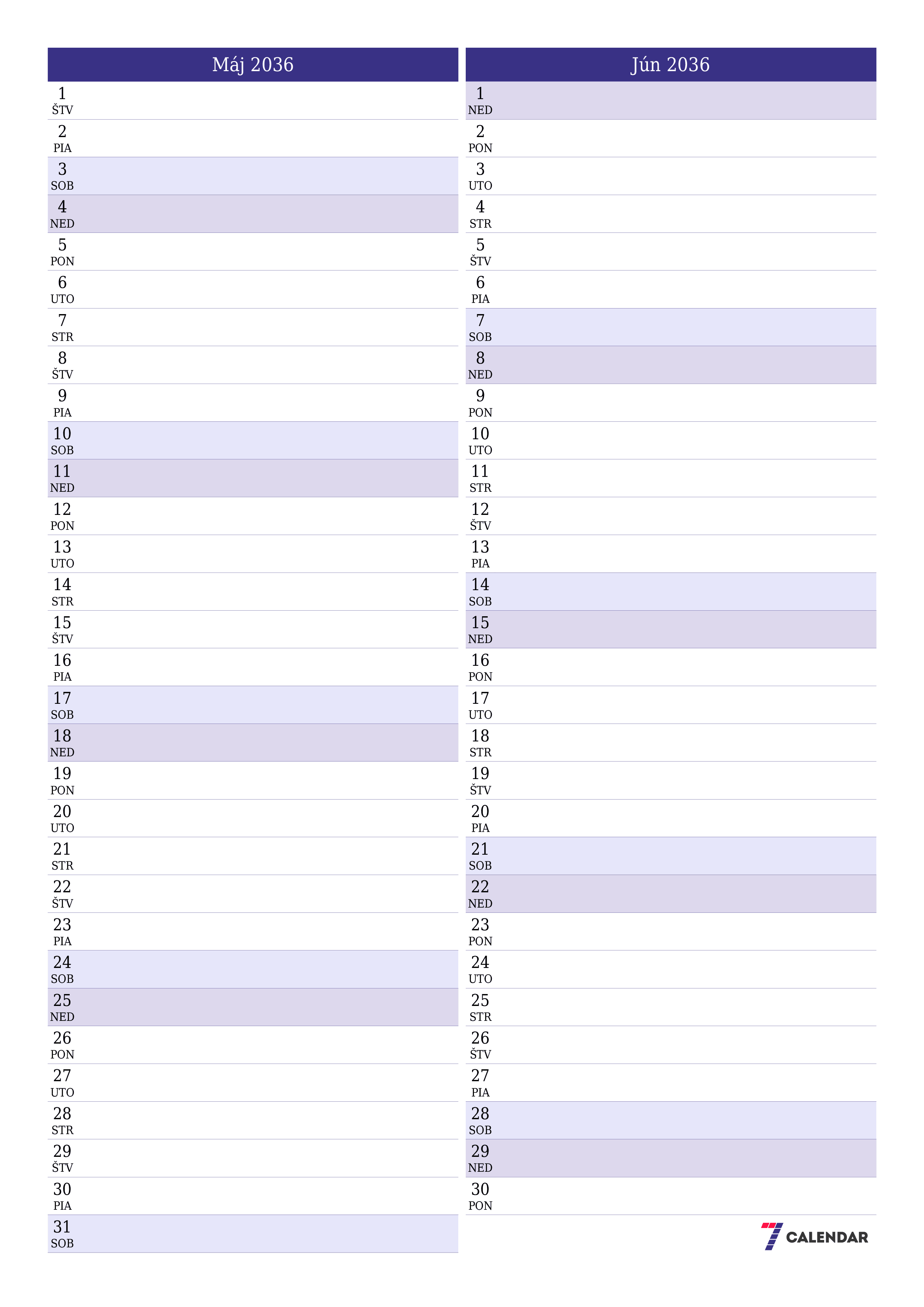 vytlačiteľný nástenný šablóna a bezplatný вертикальный Mesačne plánovač kalendár Máj (Máj) 2036