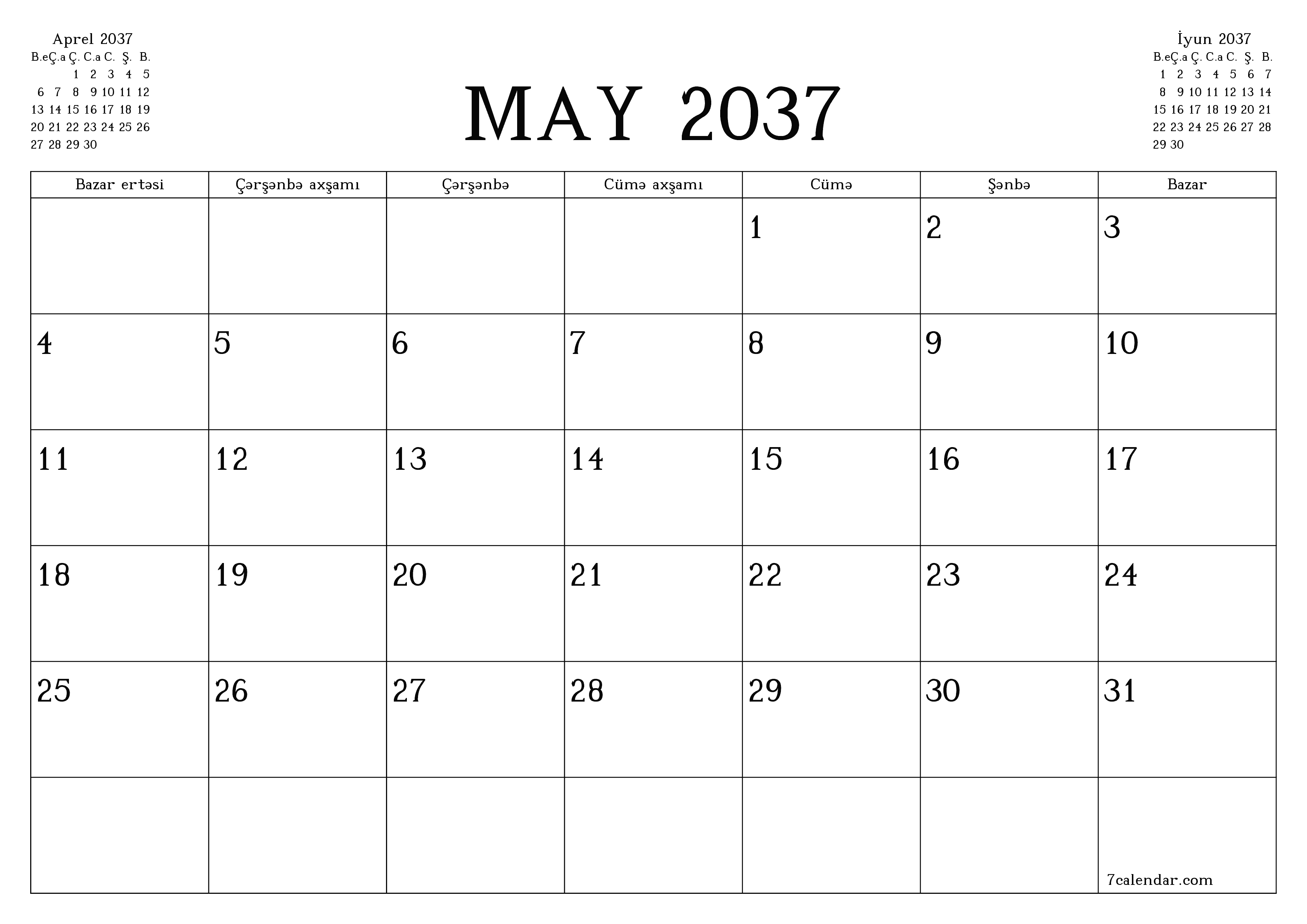 May 2037 ayı üçün qeydlər ilə boş aylıq planlayıcı, qeyd edin və PDF-ə yazdırın PNG Azerbaijani