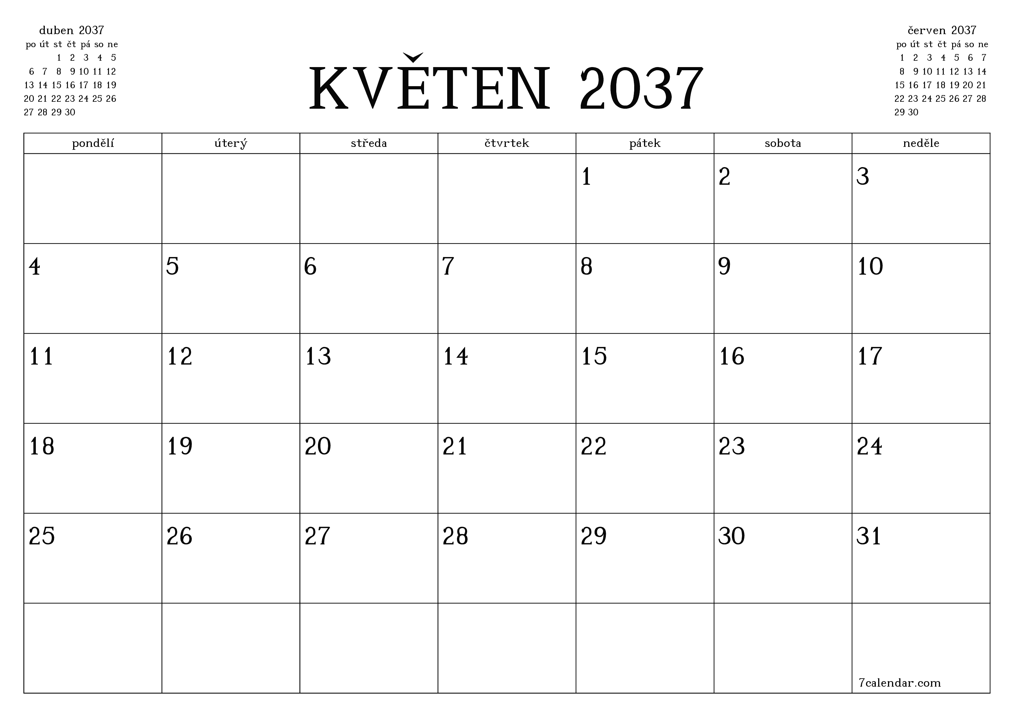Vyprázdnit měsíční plánovač na měsíc květen 2037 s poznámkami, uložit a vytisknout do PDF PNG Czech