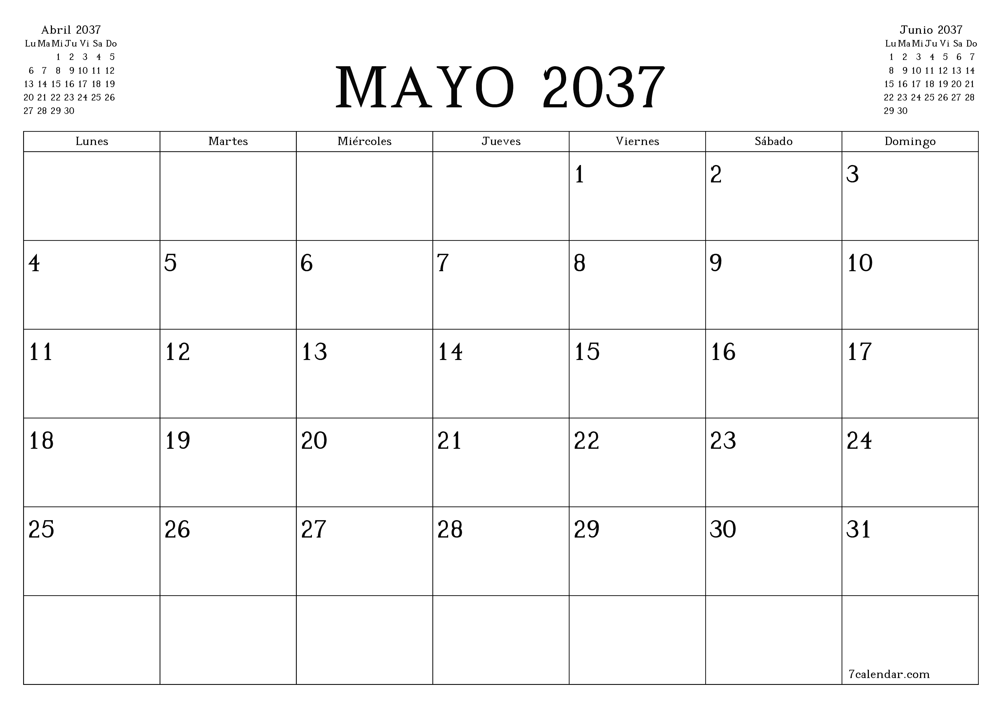 Planificador mensual vacío para el mes Mayo 2037 con notas, guardar e imprimir en PDF PNG Spanish
