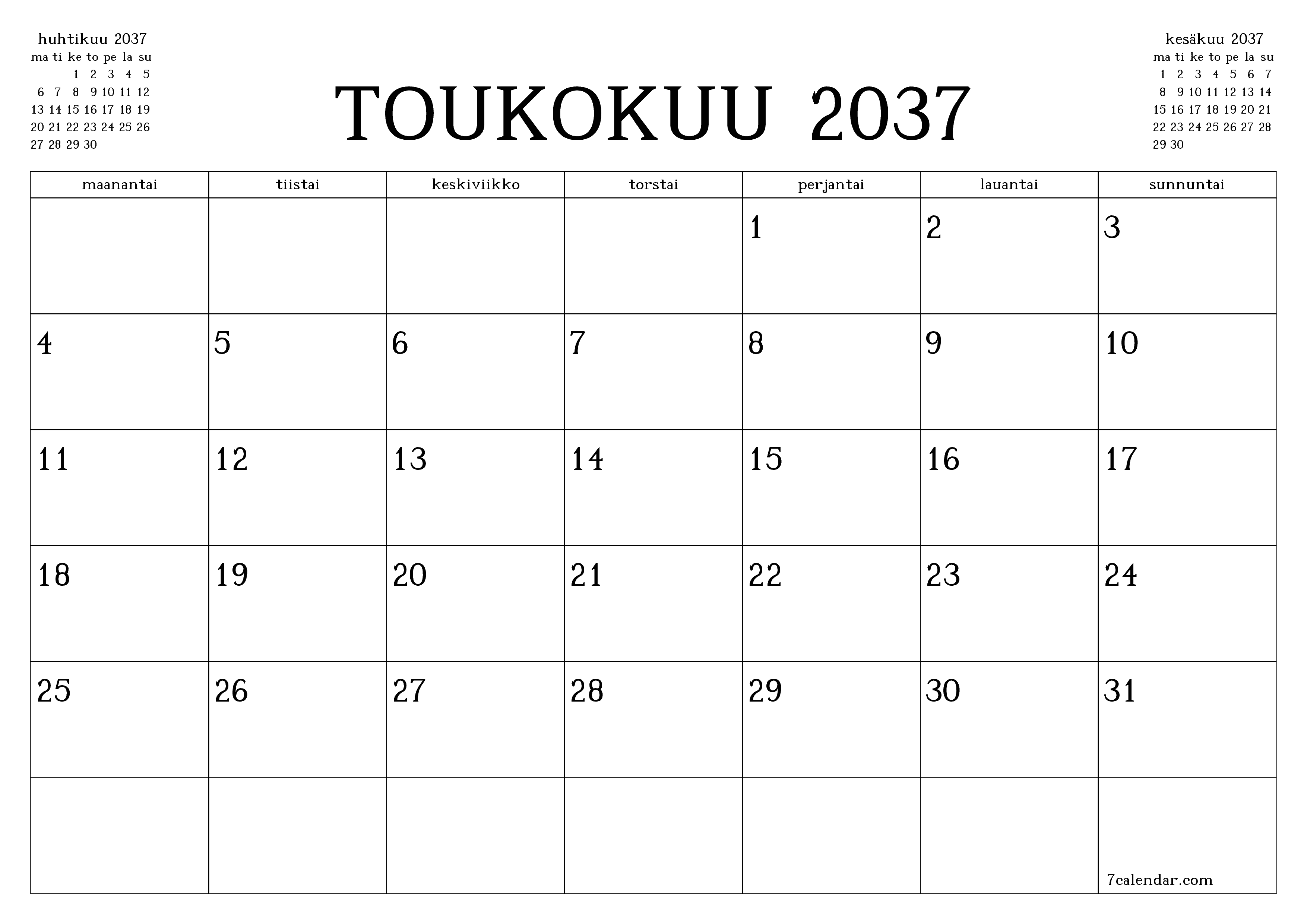 Tyhjennä kuukausittainen suunnittelija kuukaudelle Toukokuu 2037 muistiinpanoilla, tallenna ja tulosta PDF-muotoon PNG Finnish