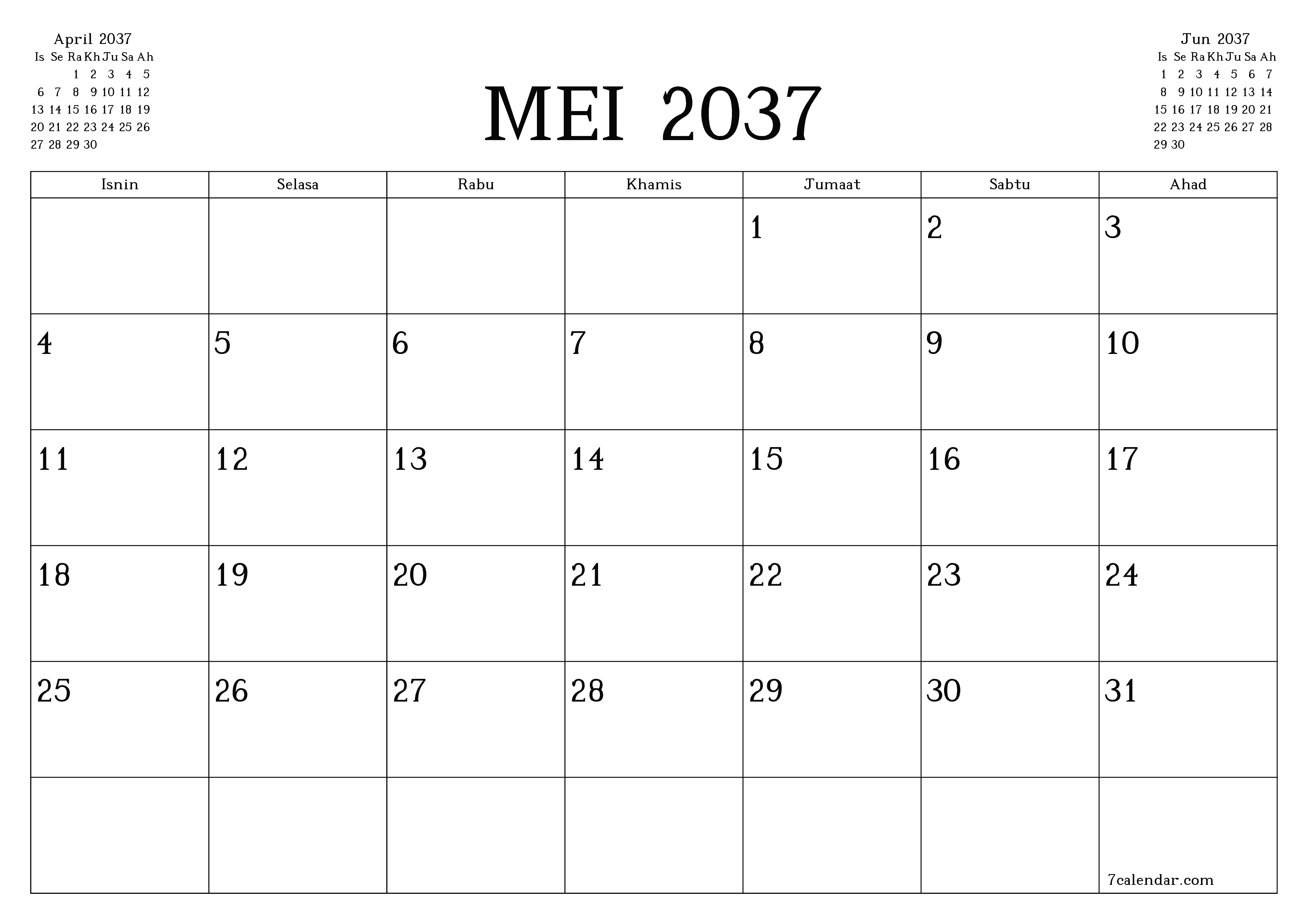 Perancang bulanan kosong untuk bulan Mei 2037 dengan nota, simpan dan cetak ke PDF PNG Malay