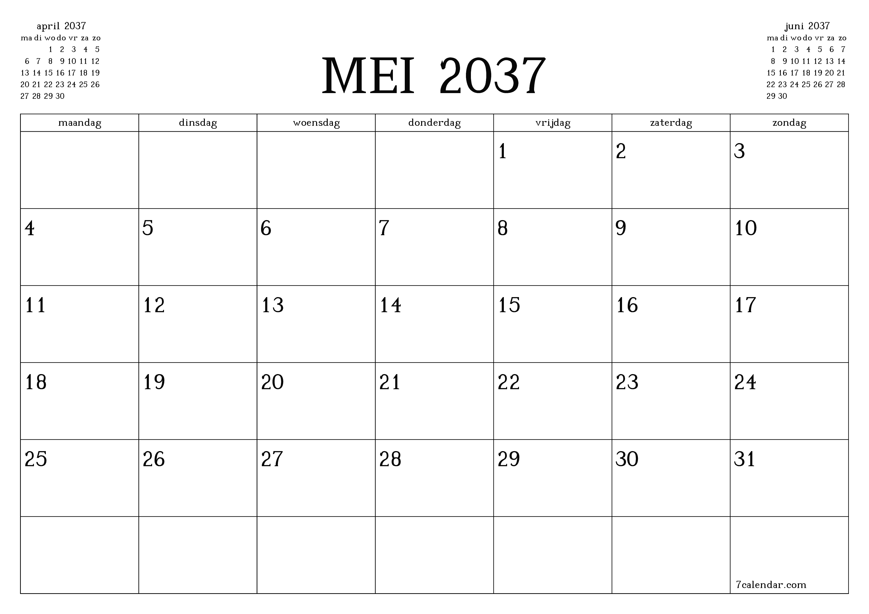 Lege maandplanner voor maand mei 2037 met notities, opslaan en afdrukken naar pdf PNG Dutch
