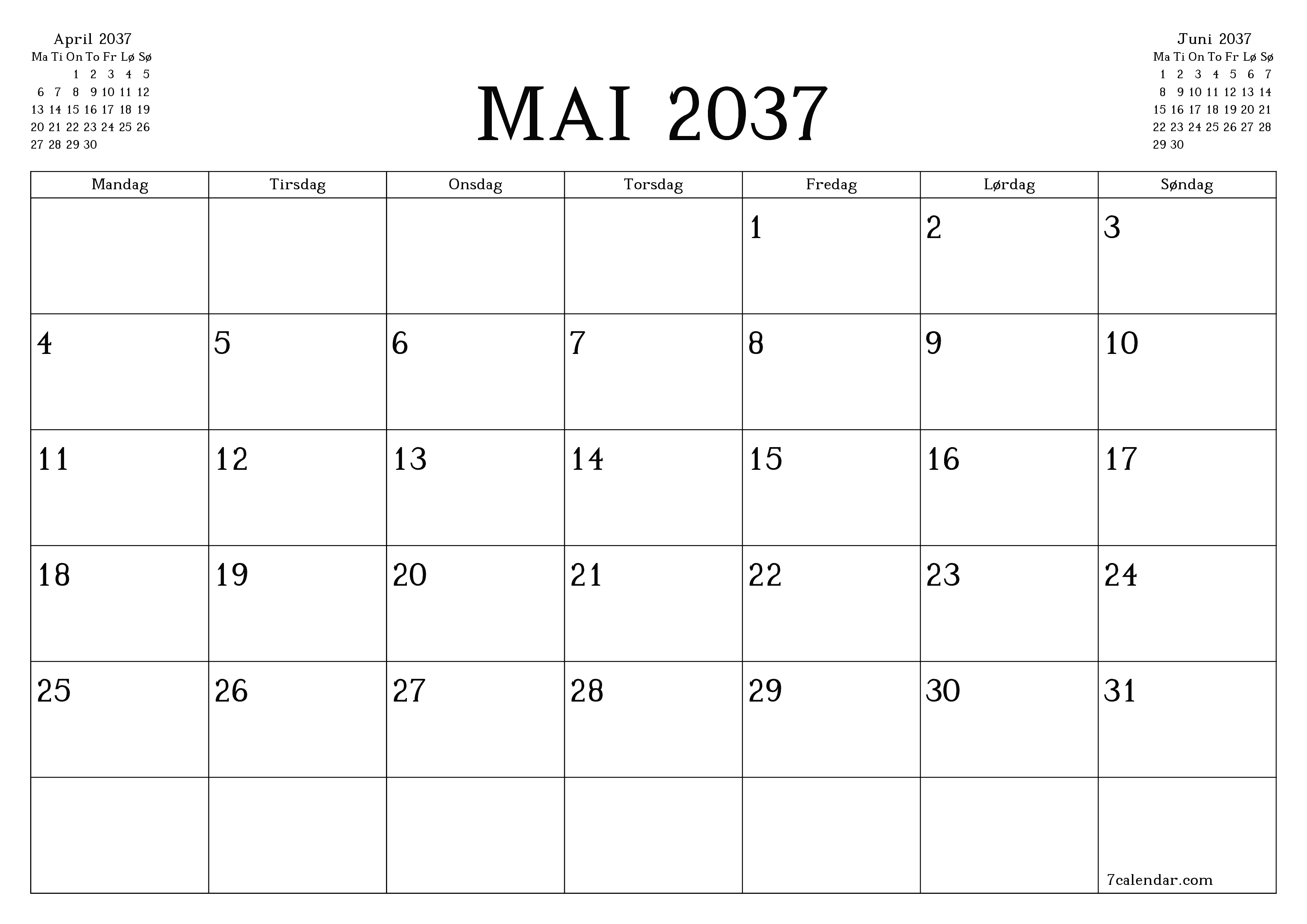 Tom månedlig planlegger for måned Mai 2037 med notater, lagre og skriv ut til PDF PNG Norwegian