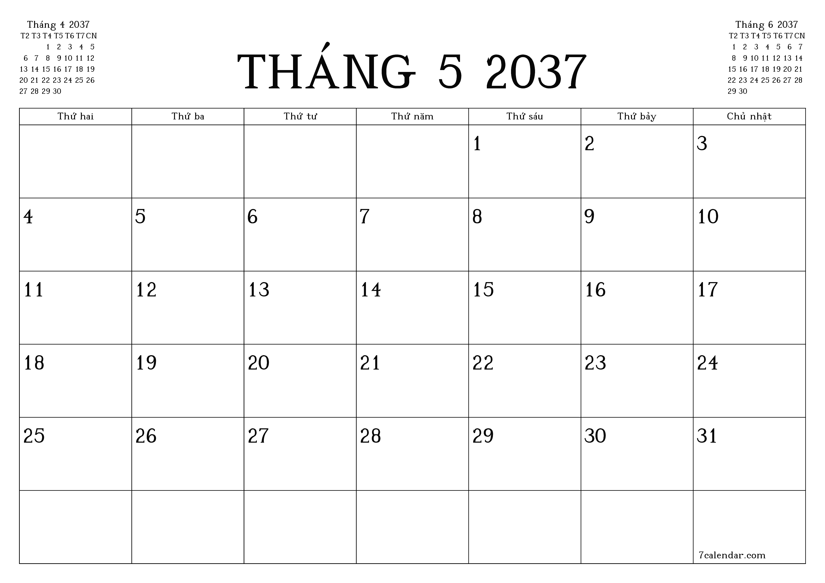 Công cụ lập kế hoạch hàng tháng trống cho tháng Tháng 5 2037 có ghi chú, lưu và in sang PDF PNG Vietnamese