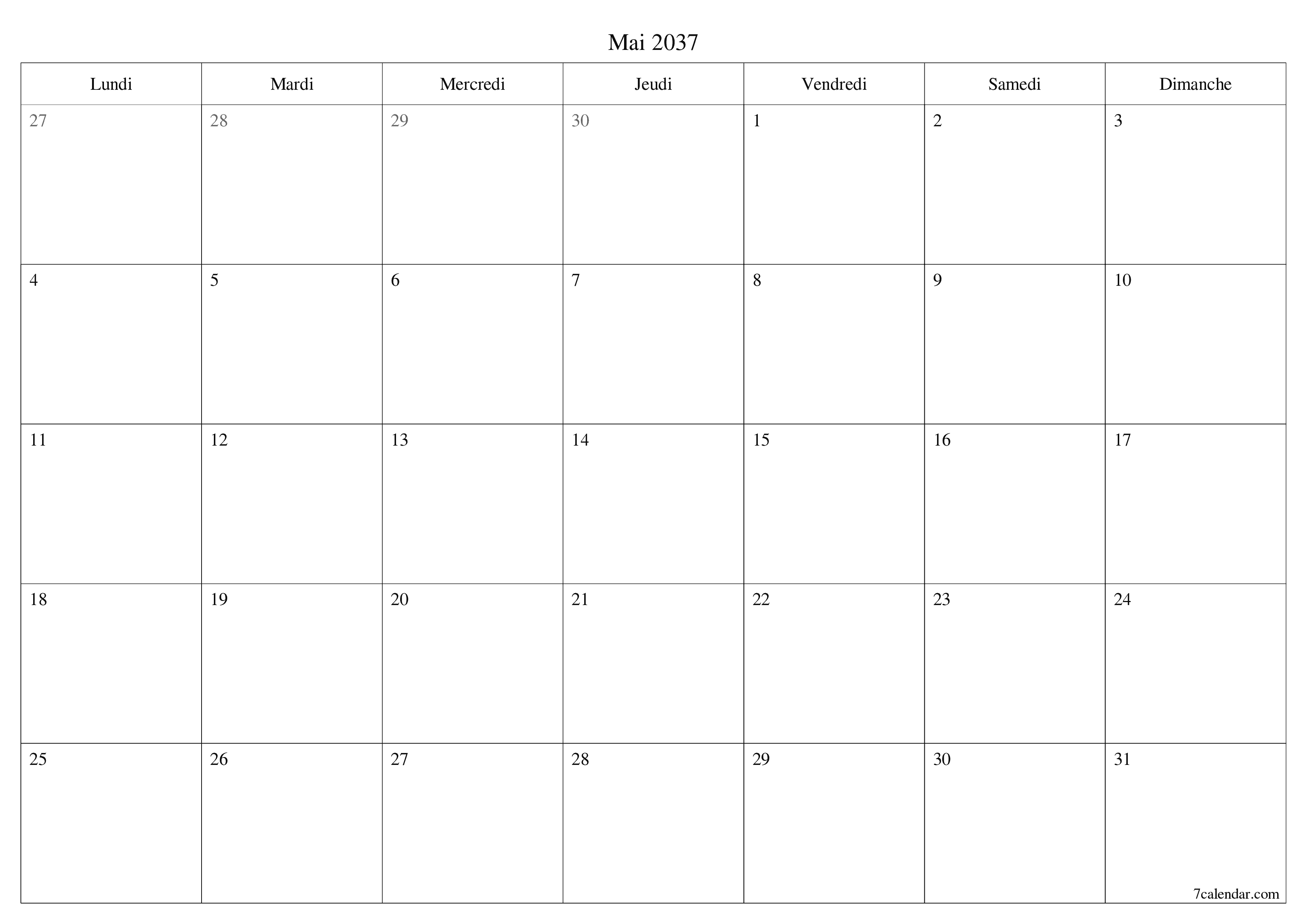 Agenda mensuel vide pour le mois Mai 2037 avec notes, enregistrez et imprimez au format PDF PNG French