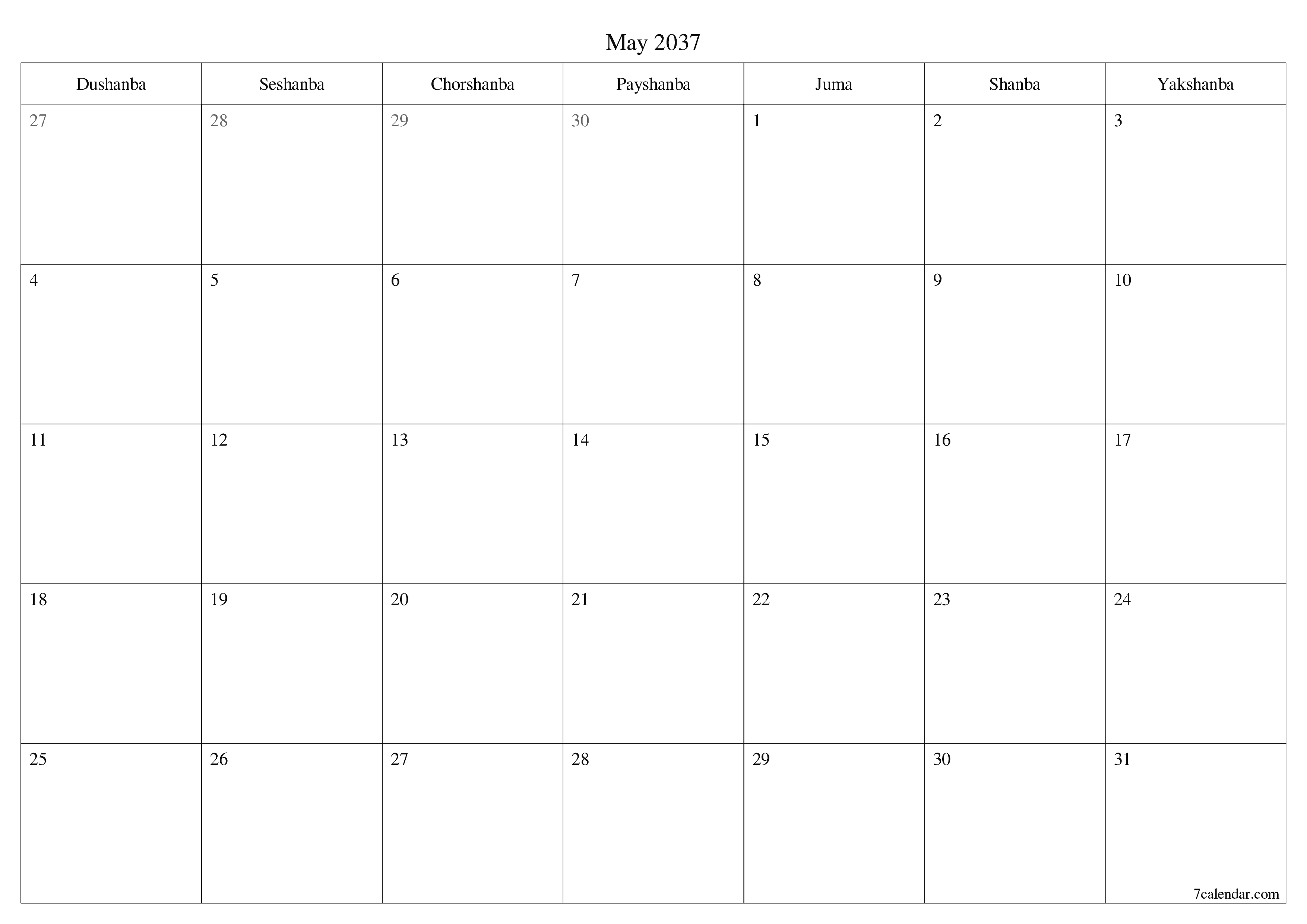 May 2037 oylik oylik rejalashtiruvchini yozuvlar bilan bo'shatish, saqlash va PDF-ga chop etish PNG Uzbek
