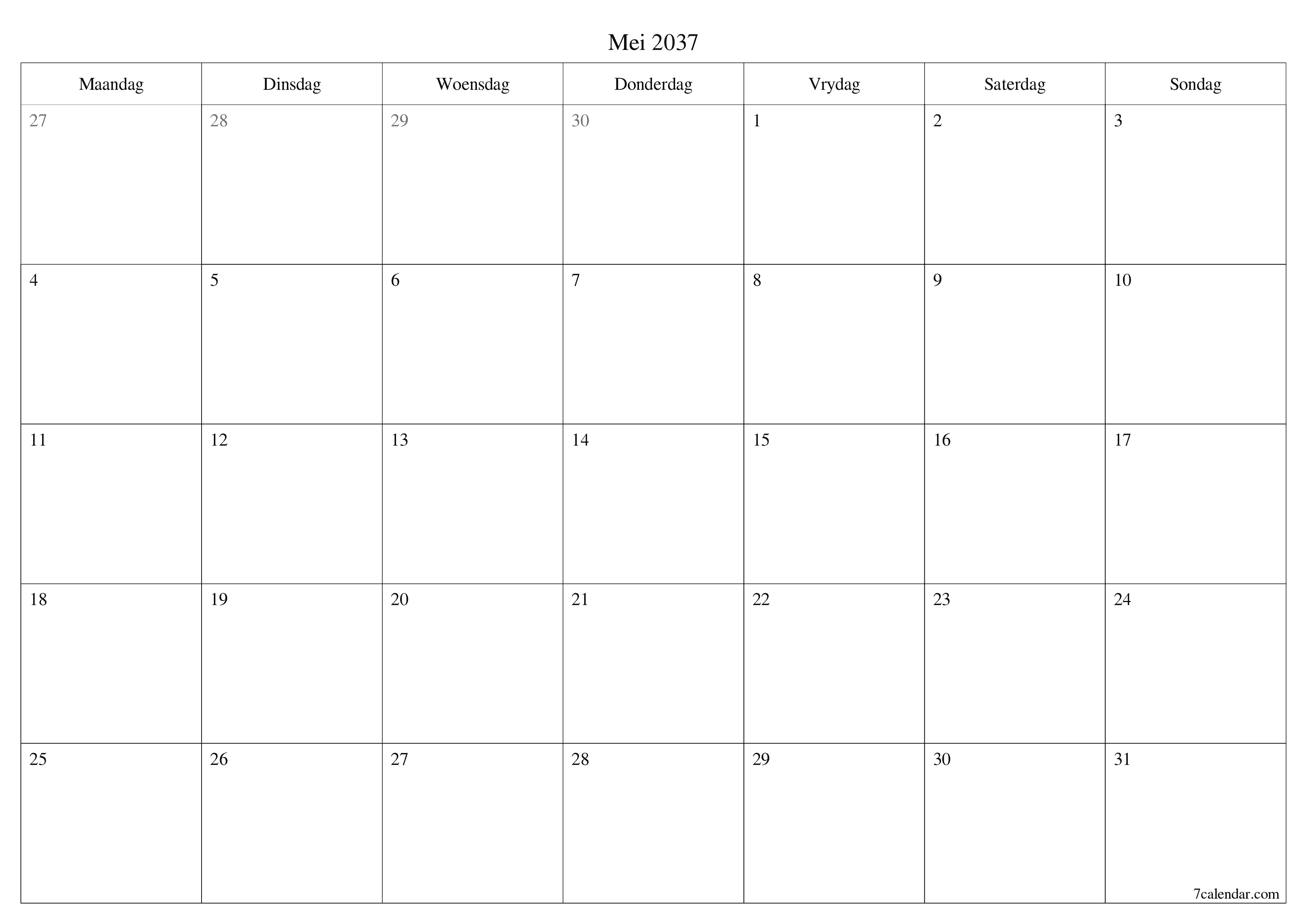 Leë maandelikse drukbare kalender en beplanner vir maand Mei 2037 met notas stoor en druk na PDF PNG Afrikaans