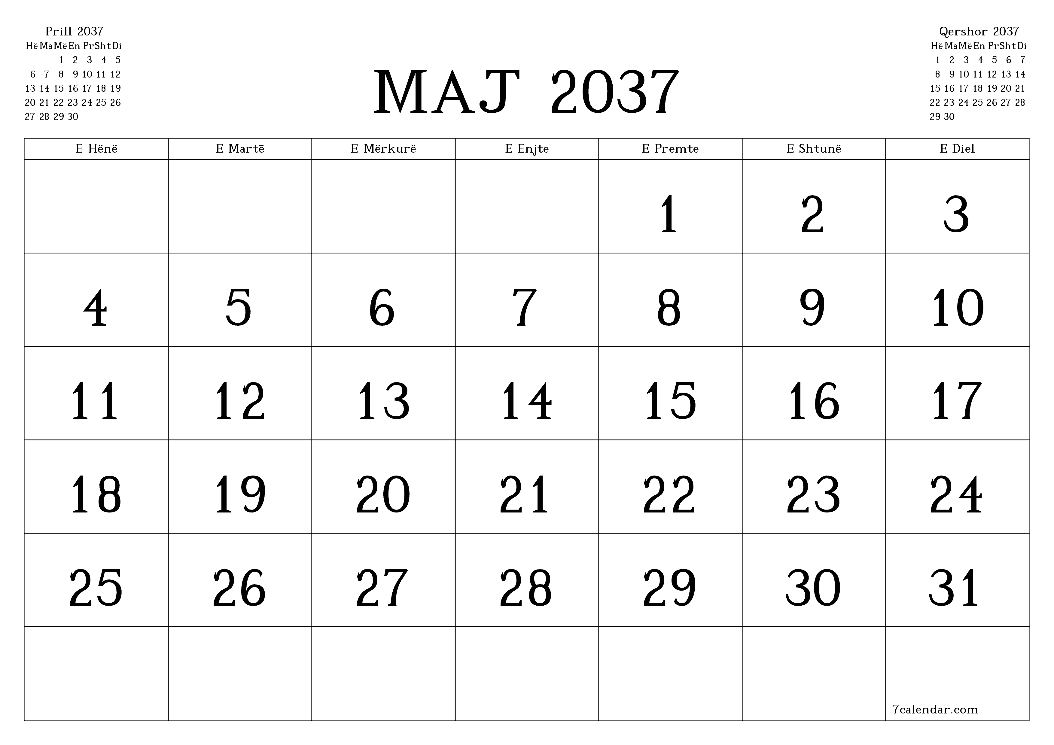 Planifikuesi i zbrazët i kalendarit mujor për muajin Maj 2037 me shënime të ruajtura dhe të printuara në PDF PNG Albanian