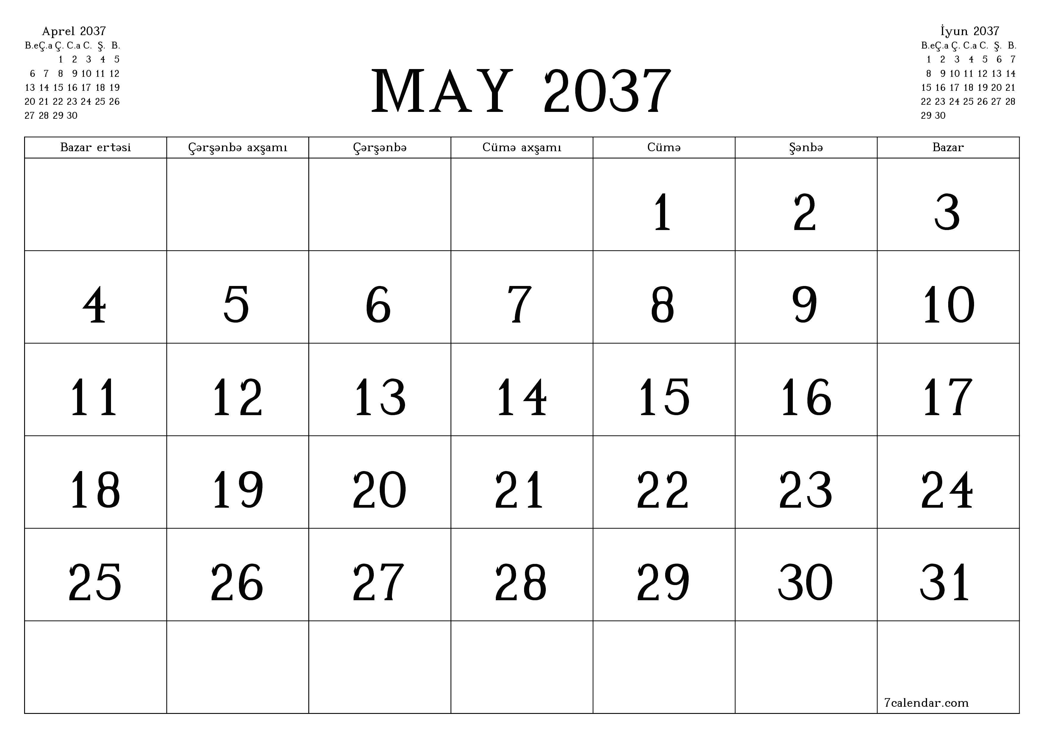 May 2037 ayı üçün qeydlər ilə boş aylıq planlayıcı, qeyd edin və PDF-ə yazdırın PNG Azerbaijani