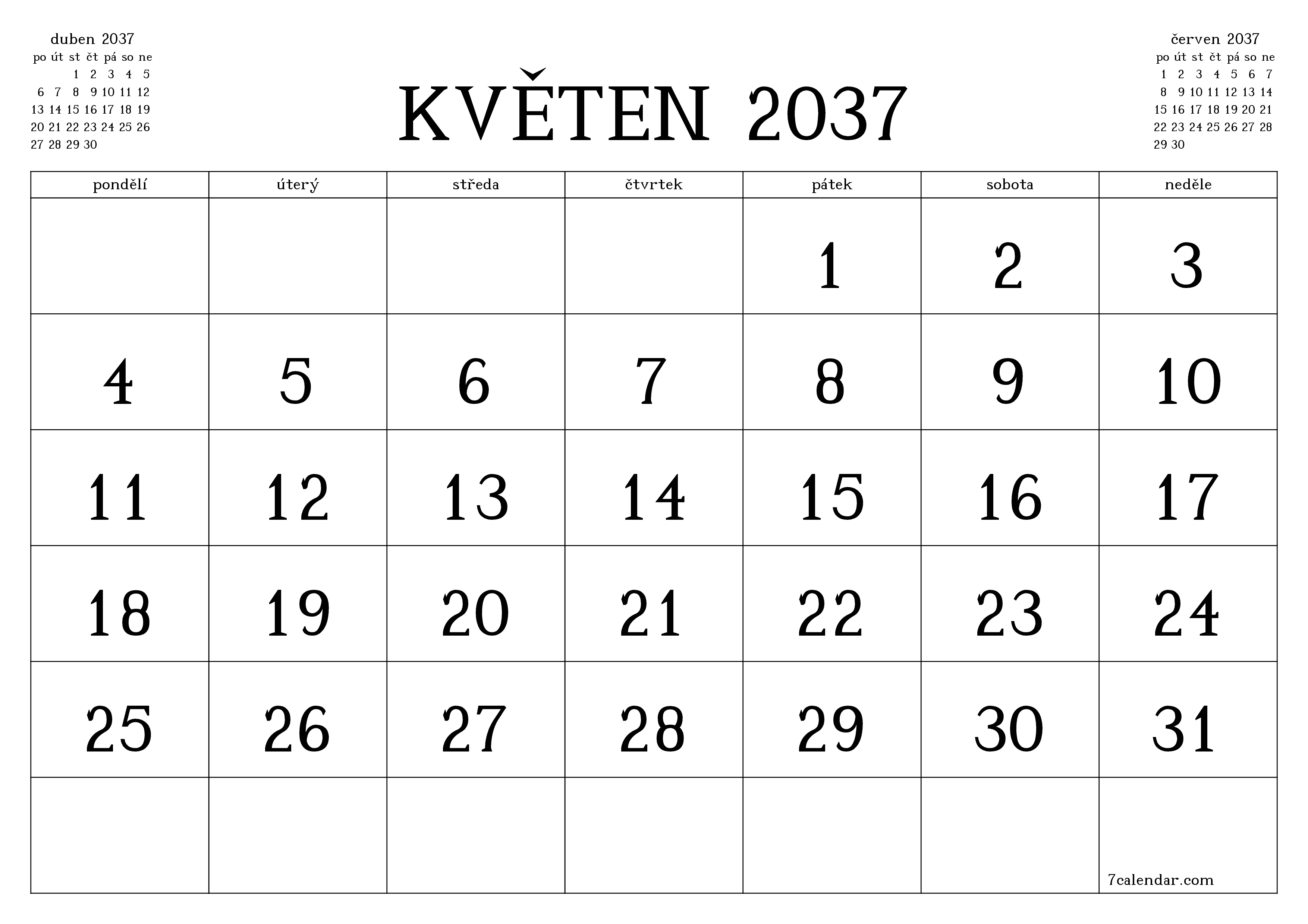 Vyprázdnit měsíční plánovač na měsíc květen 2037 s poznámkami, uložit a vytisknout do PDF PNG Czech