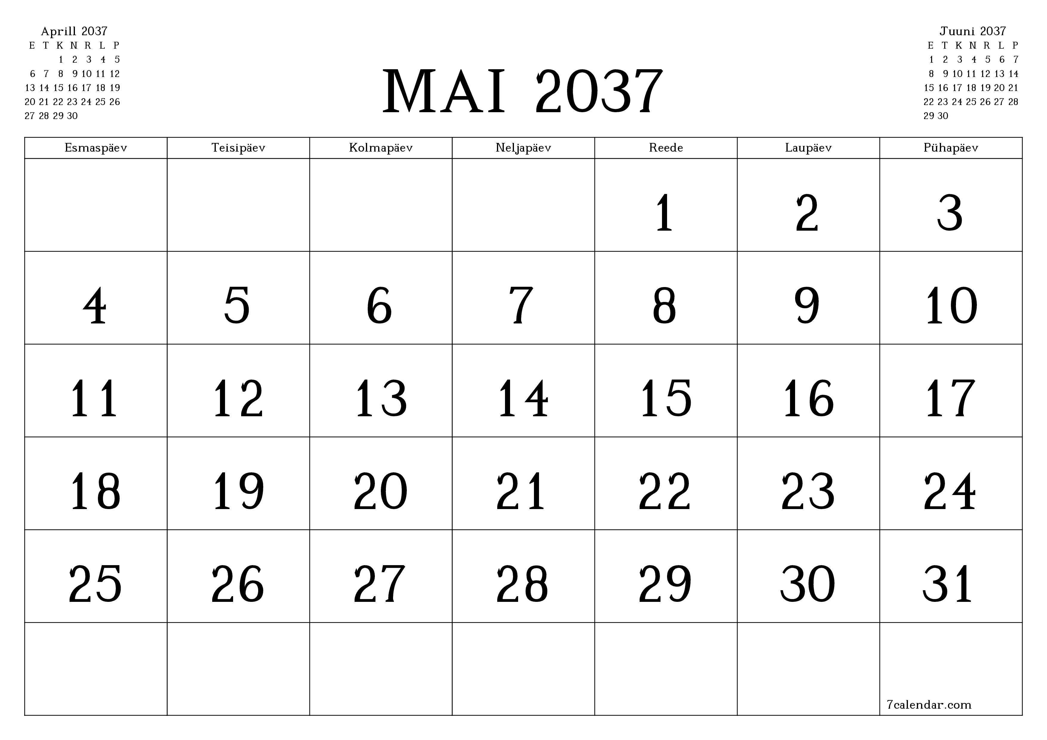 Tühjendage kuu Mai 2037 kuuplaneerija märkmetega, salvestage ja printige PDF-i PNG Estonian